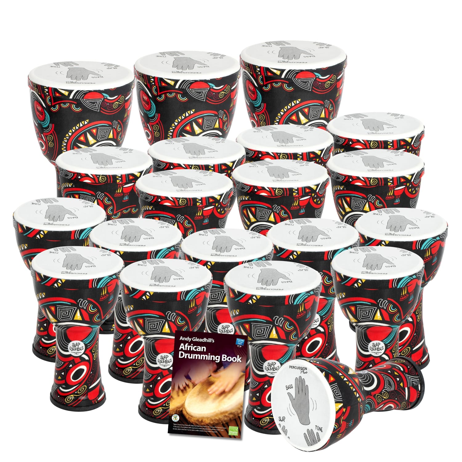 20 Primary Pre tuned Slap Djembe Drum Pack, colourful shells with hand-position guides on heads, plus African Drumming Book 1