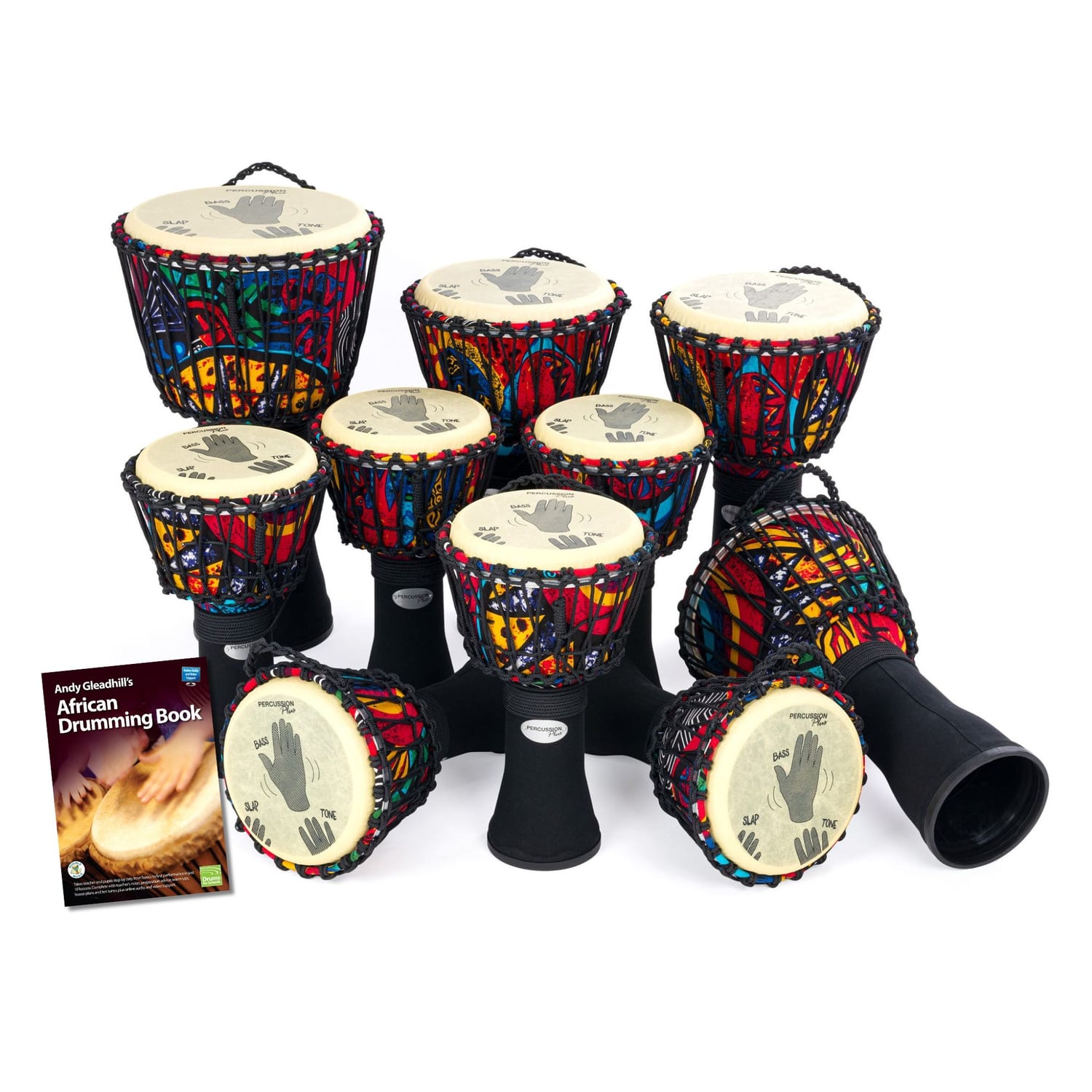 10 Primary Rope tuned Slap Djembe Drum Pack, rope-tuned djembes 40–60cm with printed Bass/Slap/Tone guides and teaching book