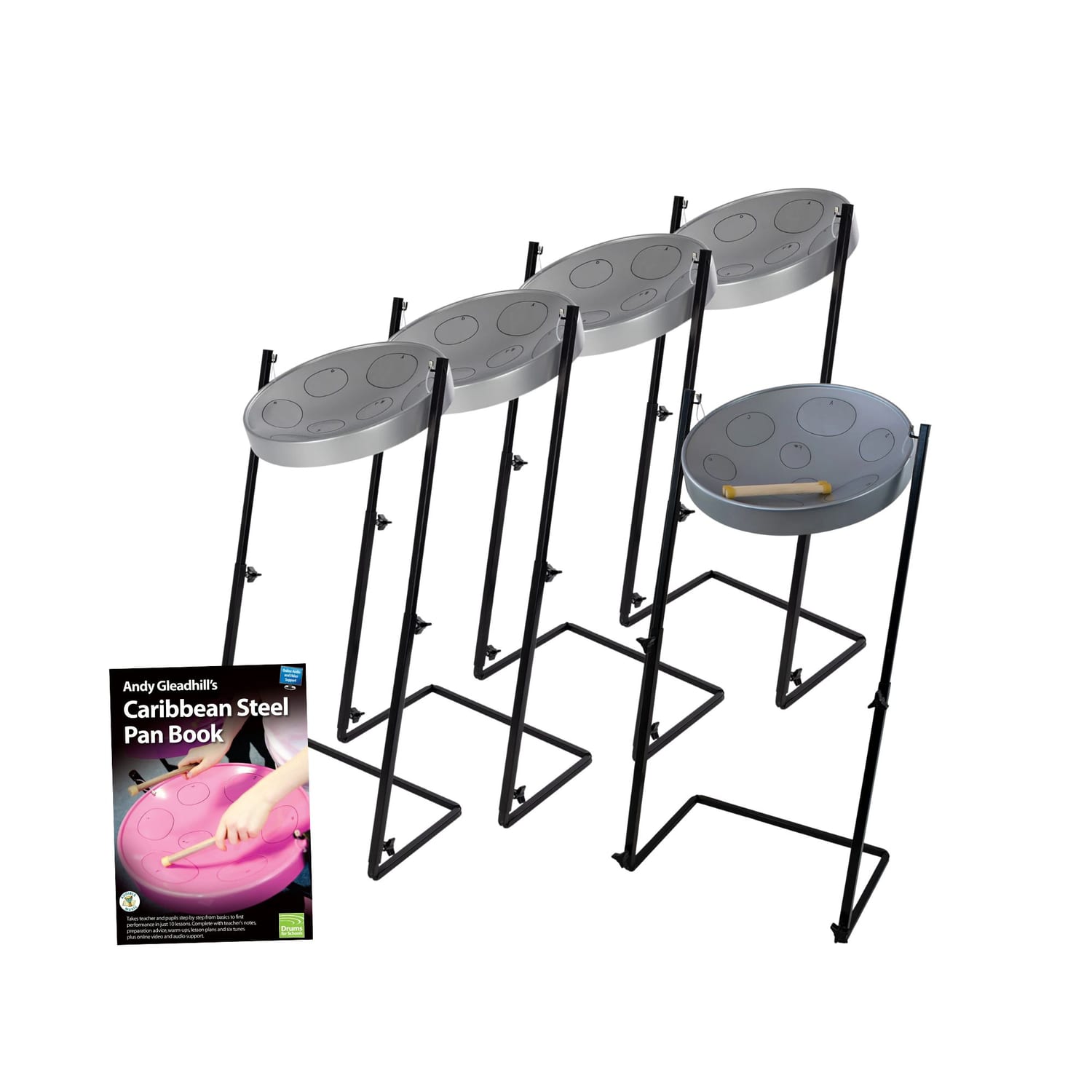 Caribbean Steel Pan Jumbie 5 Set with Z stands. Enjoy quality sound and lasting durability.