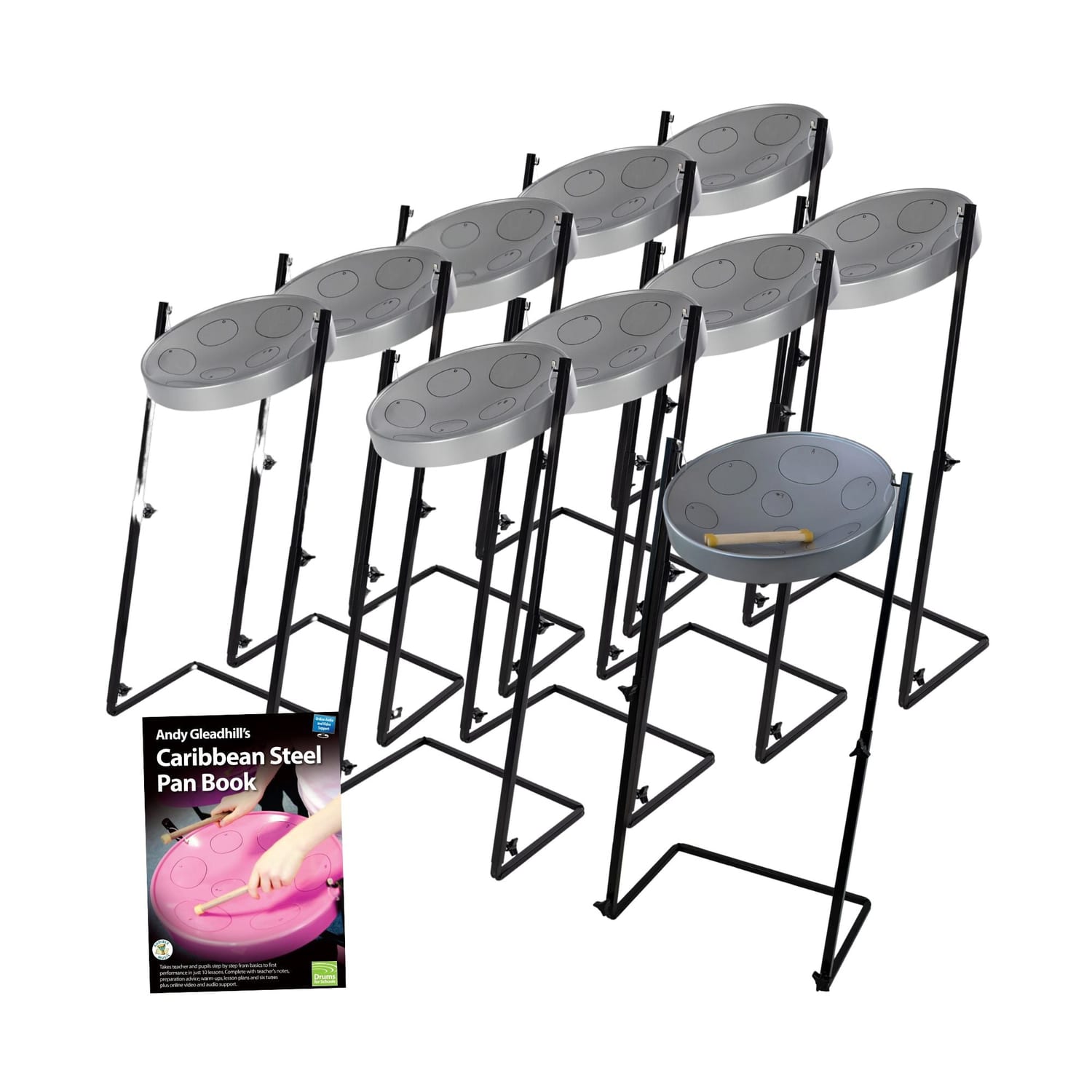 Caribbean Steel Pan Jumbie 10 Set with Z stand. High-quality sound & durable construction.