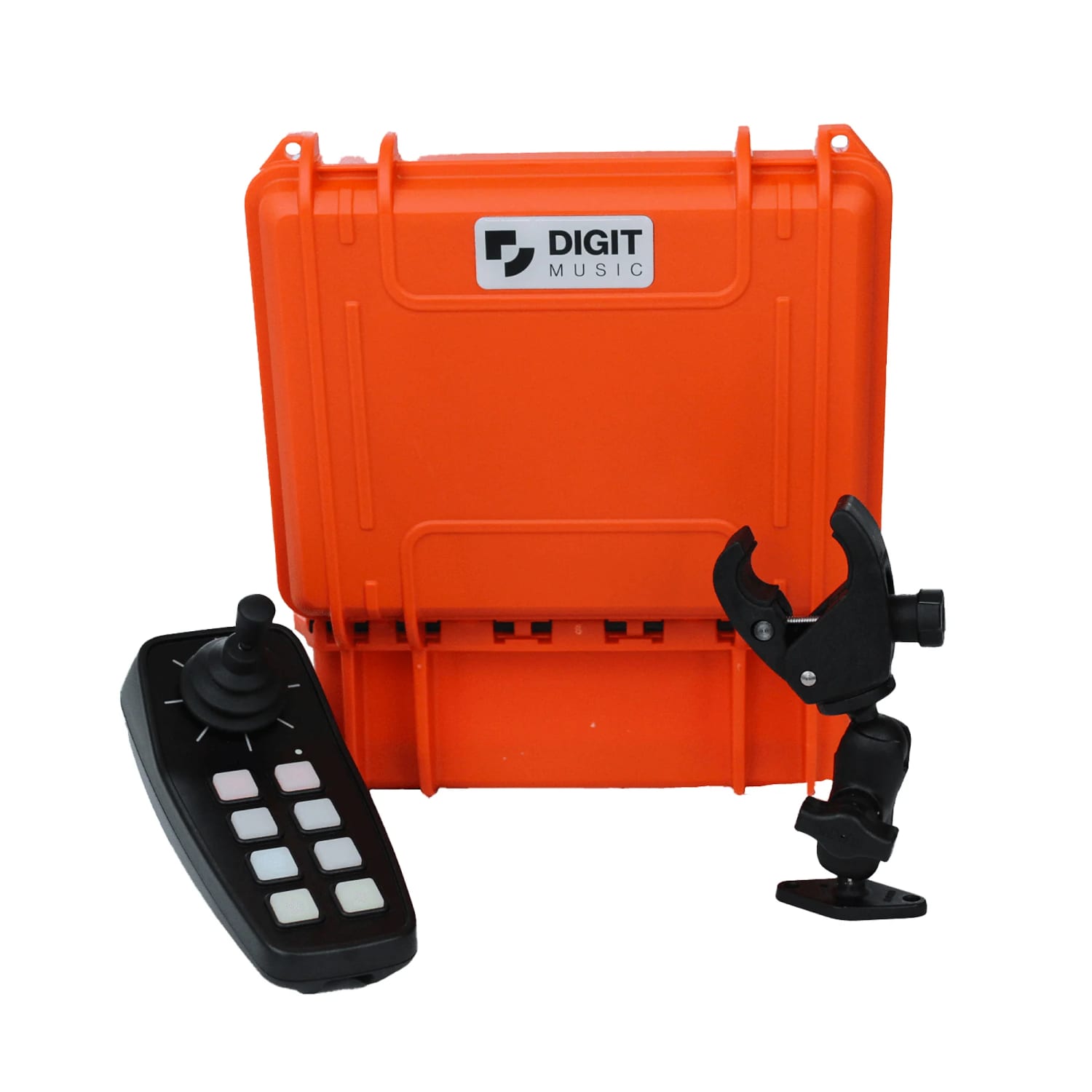Digit Music Perform Pack featuring an orange portable case, joystick controller, and adjustable clamp mount, designed for accessible music creation and performance.