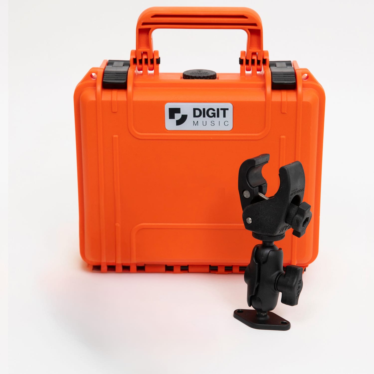 Digit Music Perform Pack Add-on featuring a durable orange carrying case and a versatile clamp mount for enhanced accessibility in music creation and performance.