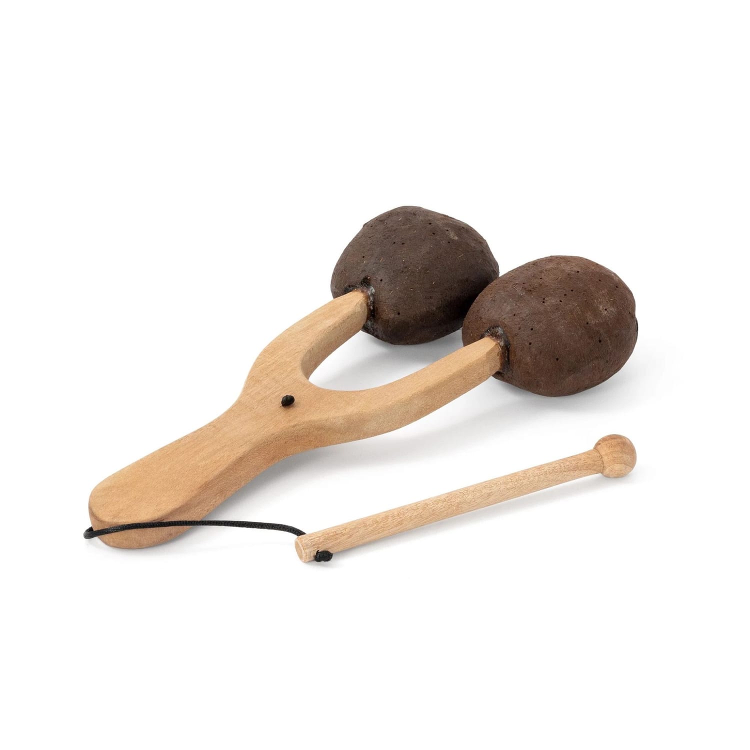 Agogo Natural with forked wooden handle, two dark gourd bells and a small wooden beater