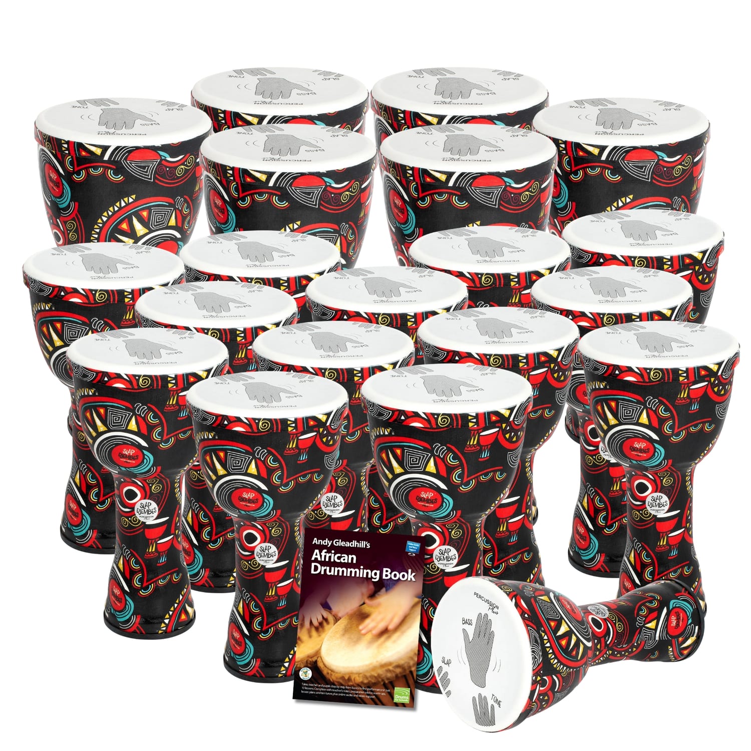 20 Secondary Pre tuned Slap Djembe Drum Pack with printed hand-position guides on heads and African Drumming Book 1