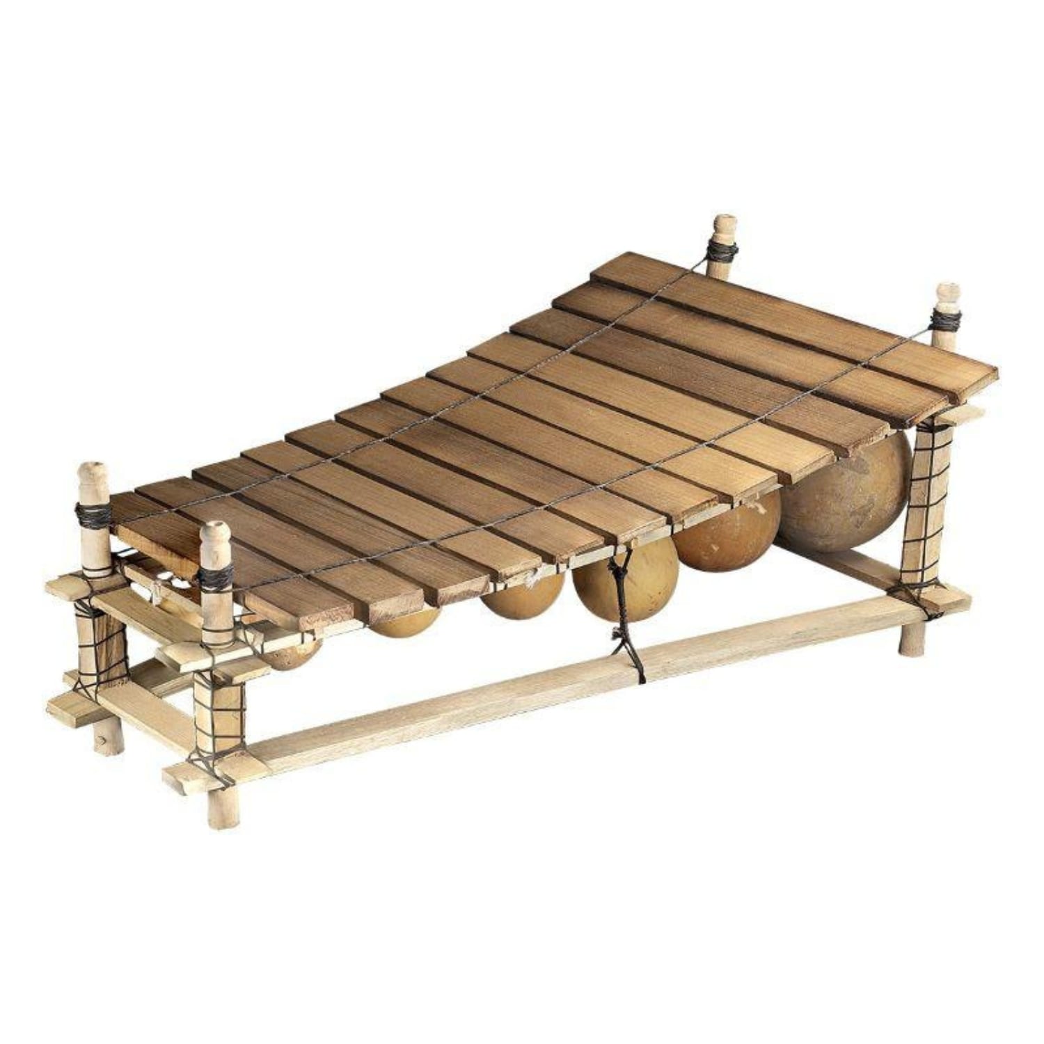 Balafon 12 note with wooden bars and gourd resonators on a rope-lashed frame