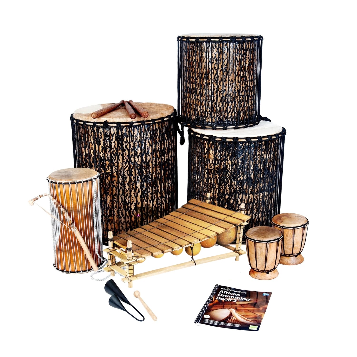 Level 2 African Drumming Add-on Set with extra West African drums, balafon, shakers and Andy Gleadhill’s African Drumming Book 2