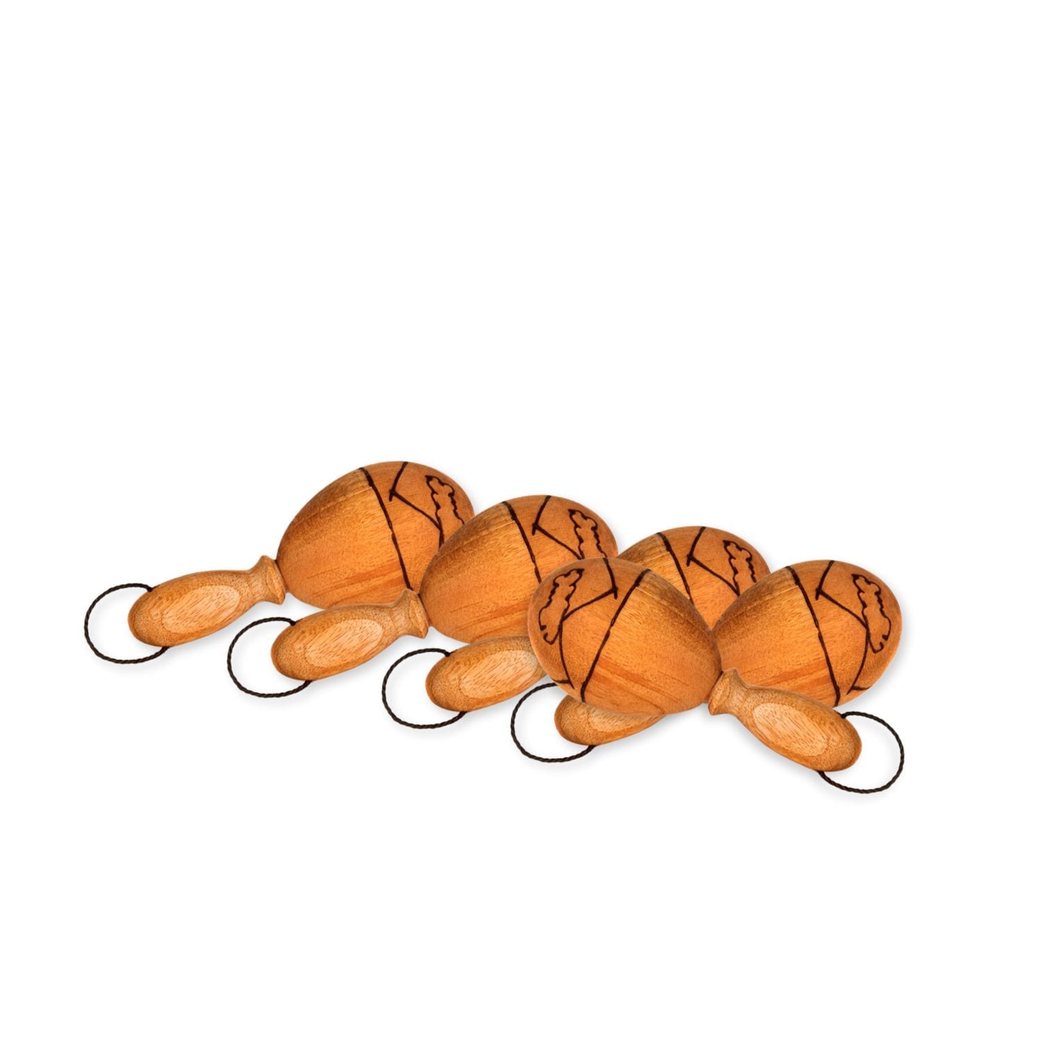 Pack of five 5cm Small Shaker Egg on Stick wooden shakers with cord loops and burnt-wood geometric designs