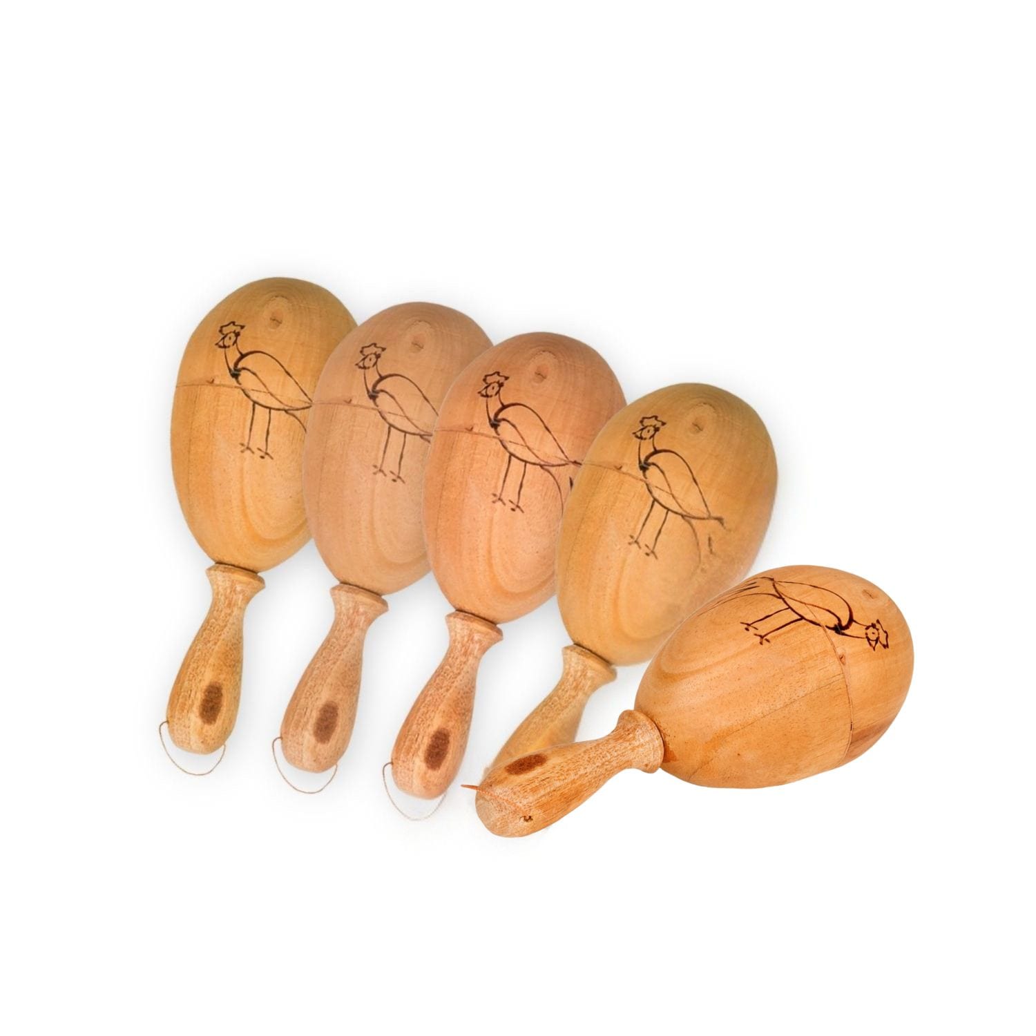 9cm Large Shaker Egg on Stick set of five wooden shakers with bird and tree designs for Early Years rhythm work