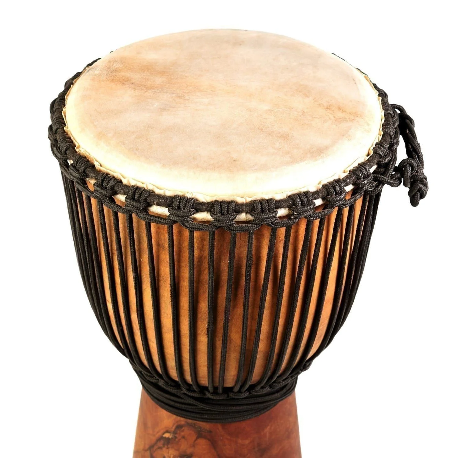 Handcrafted djembe drum with a goatskin head, available for purchase - Natural Wide Top 8 inch diameter, 30cm high.