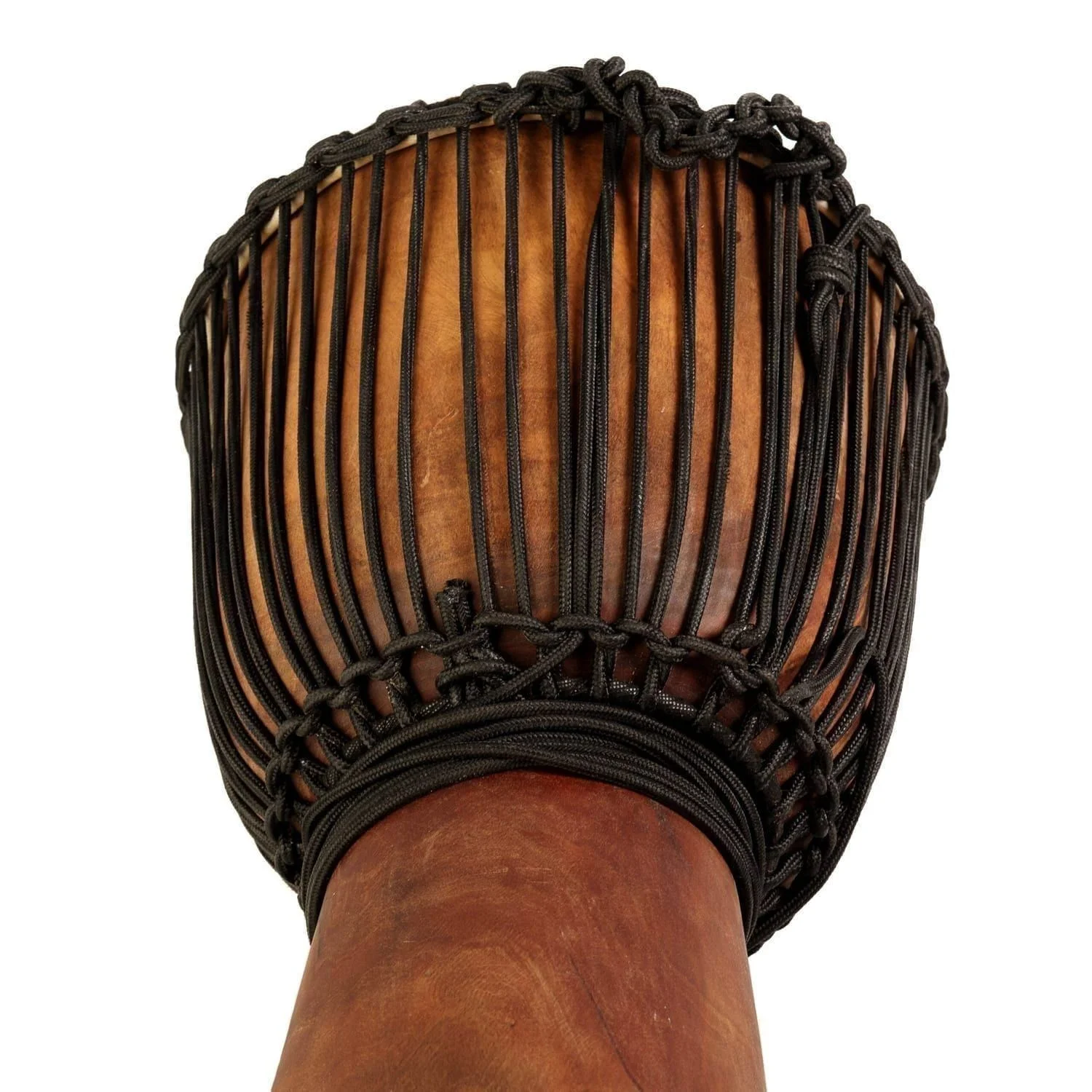Detailed view of a djembe drum featuring its intricate rope tuning system and polished wooden body, highlighting traditional African drum craftsmanship.
