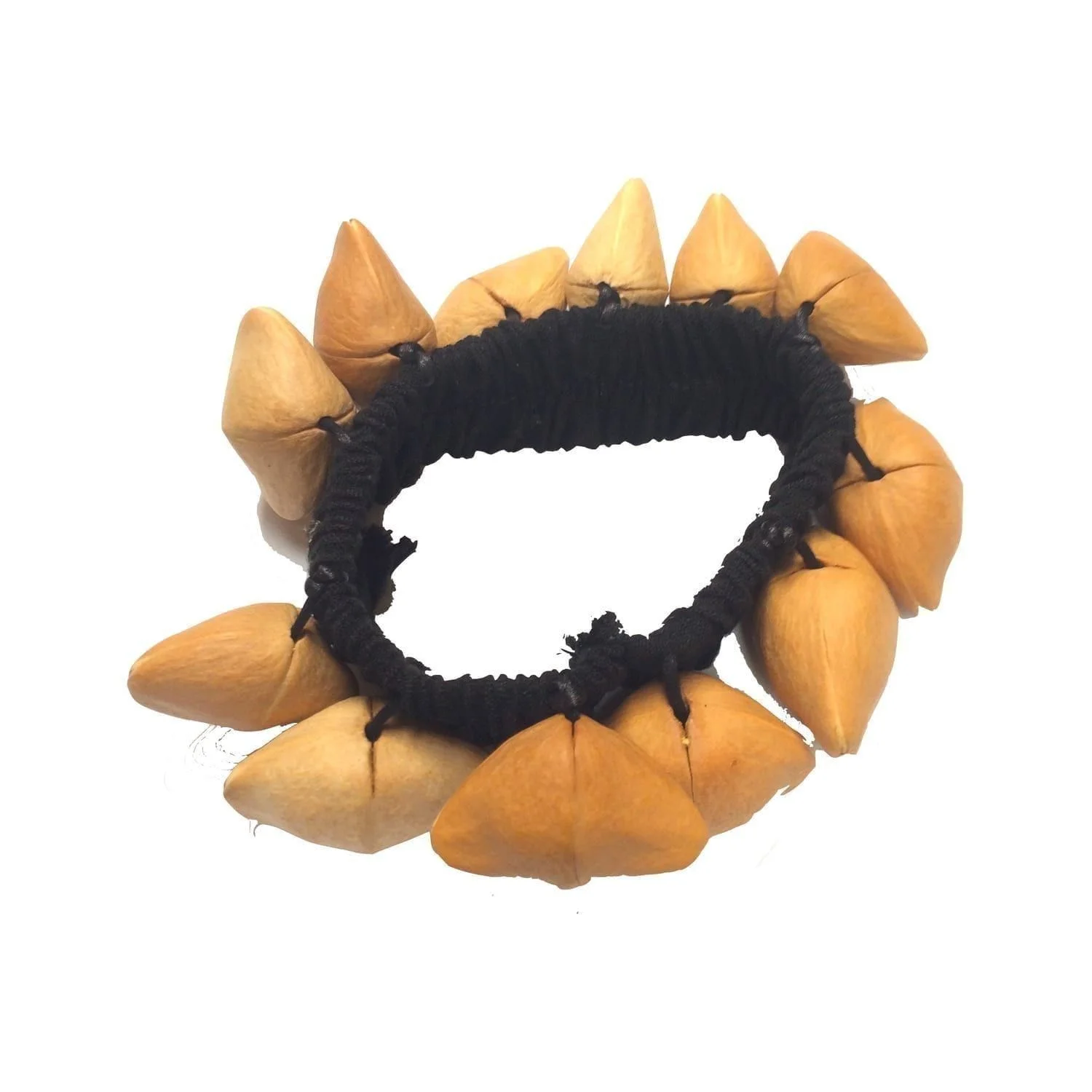 This is a product image of the Ankle Shaker - Kenari. It has a black elastic strap with light brown Kenari shells attached all the way around.