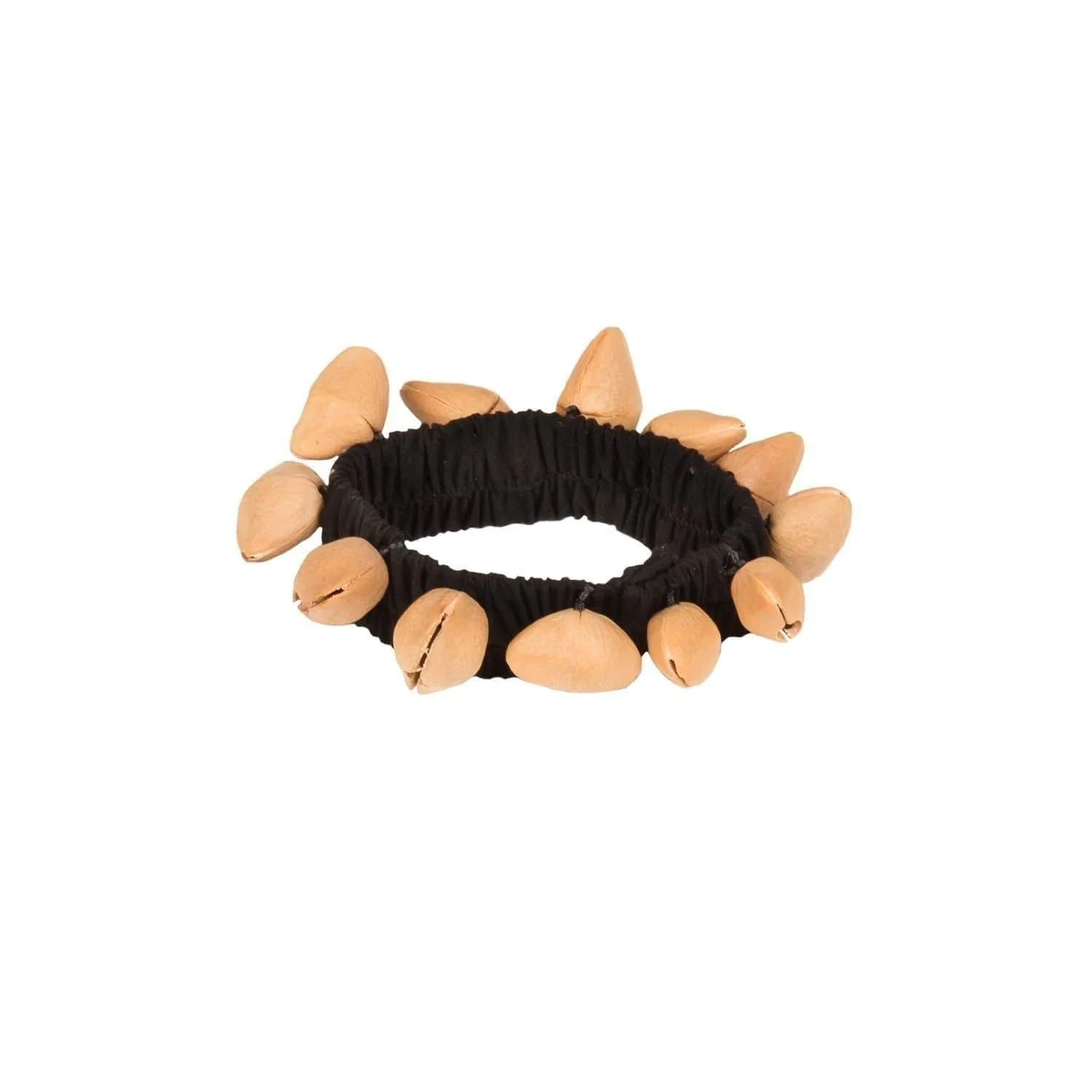 Ankle Shaker - Kenari. It has a black elastic strap with light brown Kenari shells attached all the way around.