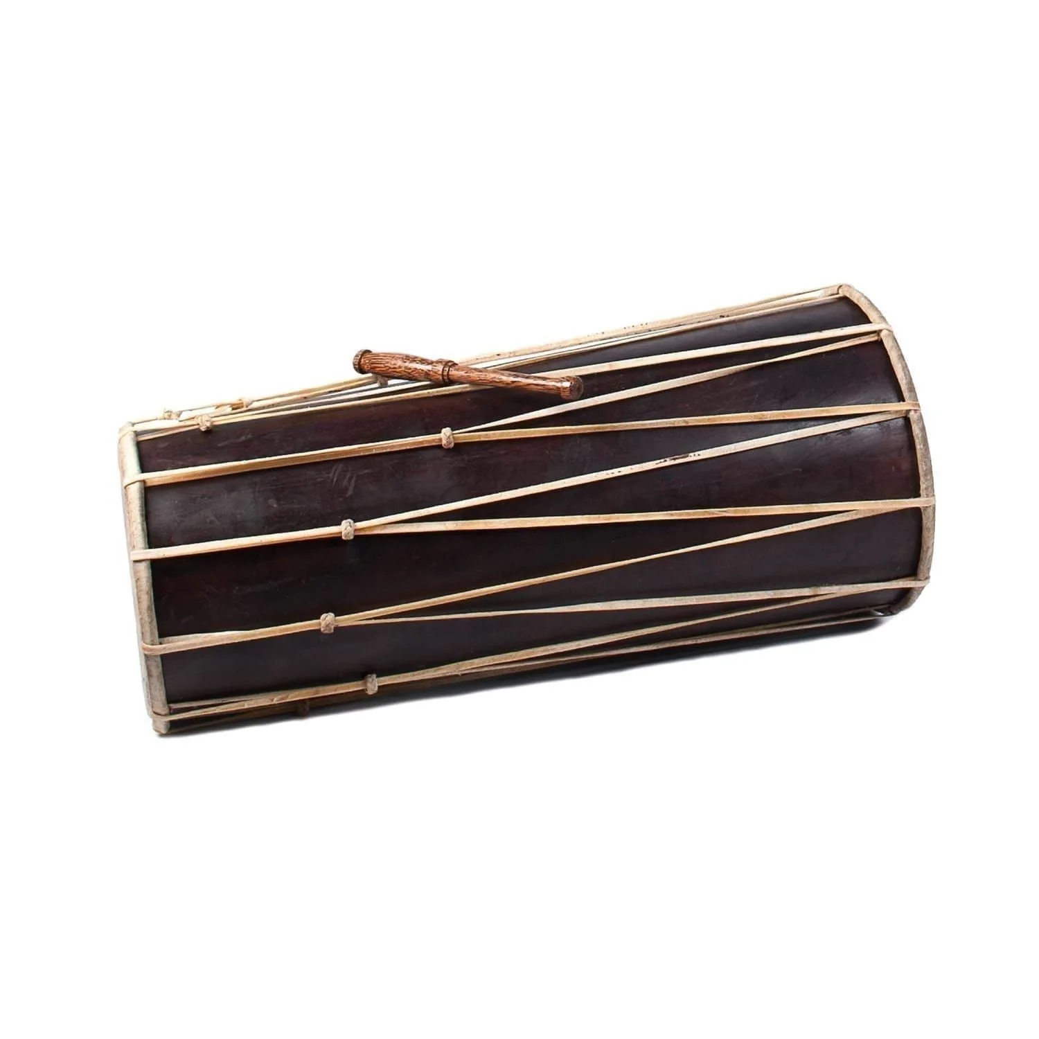 50cm Balinese Drum kendhang, double-ended and rope-laced, dark wood shell with beater resting across the top