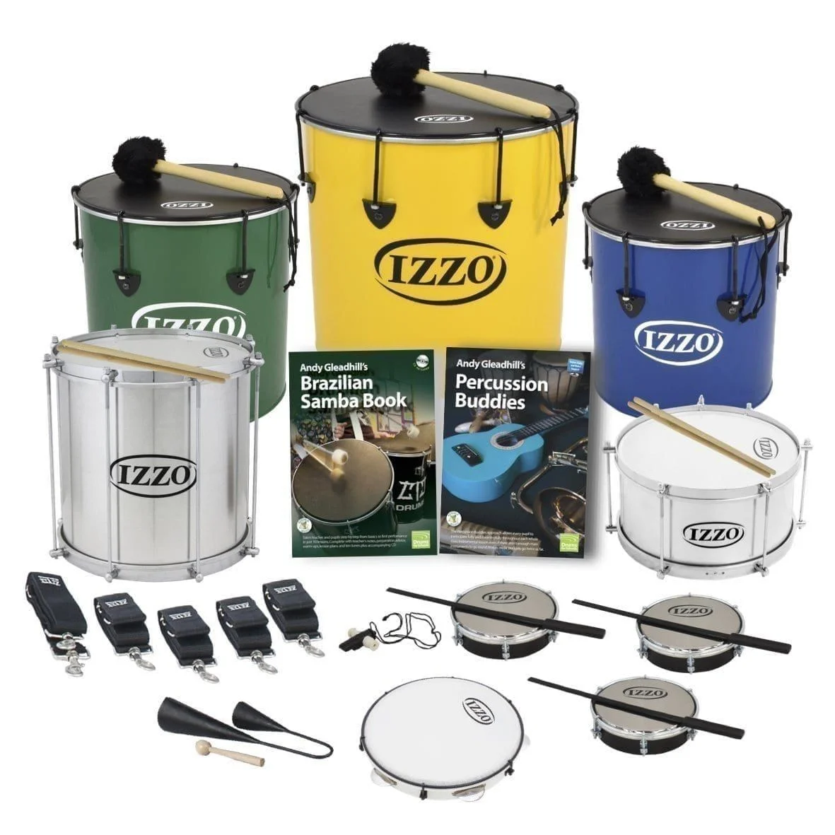 This is a product image of the Brazilian Samba - Primary - 10 Player Class Pack - Buddies. The products are laid out and include the following; Back Row - One Nesting Surdo - 14in diameter, aluminium, Izzo (Green), one Nesting Surdo - 16in diameter, aluminium, Izzo (Yellow), one Nesting Surdo - 12in diameter, aluminium, Izzo (Blue). Second Row - one Repinique - 12in diameter, aluminium, Izzo (Silver), Andy Gleadhill's Brazilian Samba Book, Andy Gleadhill's Percussion Buddies Book, one Caixa - 12in diameter, aluminium, Izzo (Silver). Third Row - One strap for the Caixa, four straps for the Surdos and Repinique, one Tritone Samba Whistle (Apito), three Tamborim - Izzo. Front Row - One Agogo Bells - Medium, one Pandeiro - 10in diameter, Izzo. All of the drums have a suitable beater or stick lying on top of their skin.