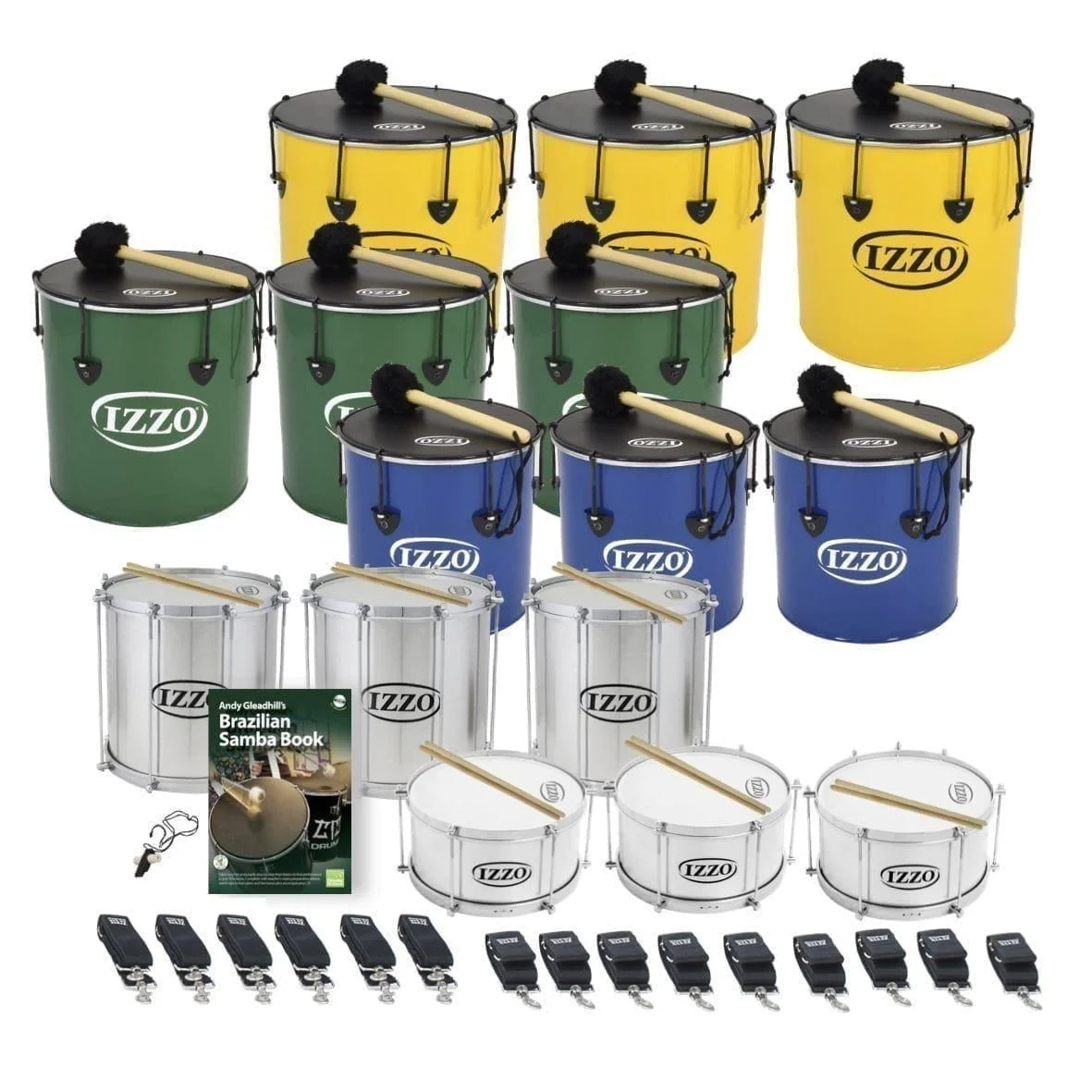 This is a product image of the Brazilian Samba - Primary - 15 Big Drums Packs. The products are laid out and include the following; Back Row - Three Nesting Surdo - 18in diameter, aluminium, Izzo (Yellow). Second Row - Three Nesting Surdo - 16in diameter, aluminium, Izzo (Green). Third Row - Three Nesting Surdo - 14in diameter, aluminium, Izzo (Blue). Fourth Row - Three Repinique - 12in diameter, aluminium, Izzo (Silver). Fifth Row - One Tritone Samba Whistle (Apito), Andy Gleadhill's Brazilian Samba Book, three Caixa - 12in diameter, aluminium, Izzo (Silver). Bottom Row - Six straps for the Repiniques and Caixas, nine straps for the Surdos.  All of the drums have a suitable beater or stick lying on top of their skin.