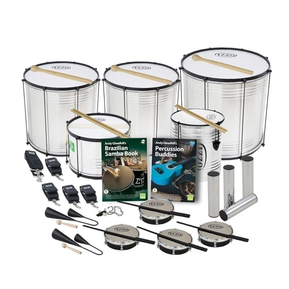 15 Players Primary Economy Samba Pack with 3 aluminium surdos, repinique, caixa, tamborims and two Andy Gleadhill books