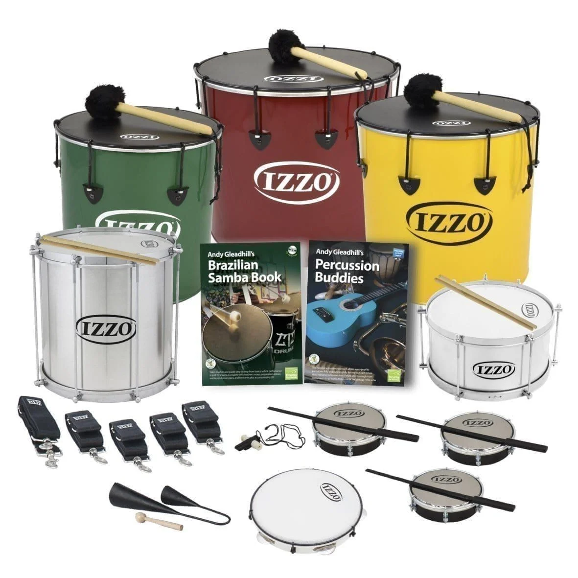 This is a product image of the Brazilian Samba - Secondary - 10 Player Class Pack - Buddies. The products are laid out and include the following; Back Row - One Nesting Surdo - 16in diameter, aluminium, Izzo (Green), one Nesting Surdo - 18in diameter, aluminium, Izzo (Red), one Nesting Surdo - 14in diameter, aluminium, Izzo (Yellow). Second Row - One Repinique - 12in diameter, aluminium, Izzo (Silver), Andy Gleadhill's Brazilian Samba Book, Andy Gleadhill's Percussion Buddies Book, one Caixa - 12in diameter, aluminium, Izzo (Silver). Third Row - Two straps for the Repinique and Caixa, three straps for the Surdos, one Tritone Samba Whistle (Apito), three Tamborim - Izzo. Bottom Row - One Agogo Bells - Medium, one Pandeiro - 10in diameter, Izzo. All of the drums have a suitable beater or stick lying on top of their skin.