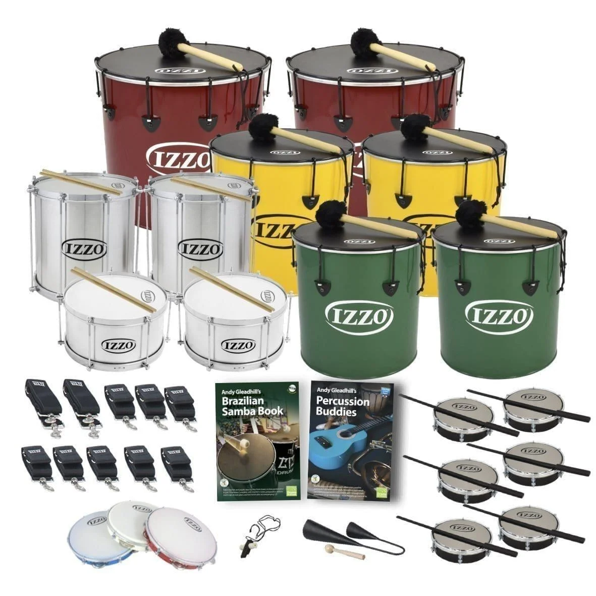 This is a product image of the Brazilian Samba - Secondary - 20 Player Class Pack - Buddies. The products are laid out and include the following; Back Row - Two Nesting Surdo - 18in diameter, aluminium, Izzo (Red). Second Row - Two Repinique - 12in diameter, aluminium, Izzo (Silver), two Nesting Surdo - 16in diameter, aluminium, Izzo (Yellow). Third Row - Two Caixa - 12in diameter, aluminium, Izzo (Silver), two Nesting Surdo - 14in diameter, aluminium, Izzo (Green). Fourth Row - Two straps for the Caixas, six eight straps for the Repiniques and Surdos, Andy Gleadhill's Brazilian Samba Book, Andy Gleadhill's Percussion Buddies Book, six Tamborim - Izzo. Bottom Row - Three Pandeiro - 10in diameter, Izzo, one Tritone Samba Whistle (Apito), one Agogo Bells - Medium. All of the drums have a suitable beater or stick lying on top of their skin.