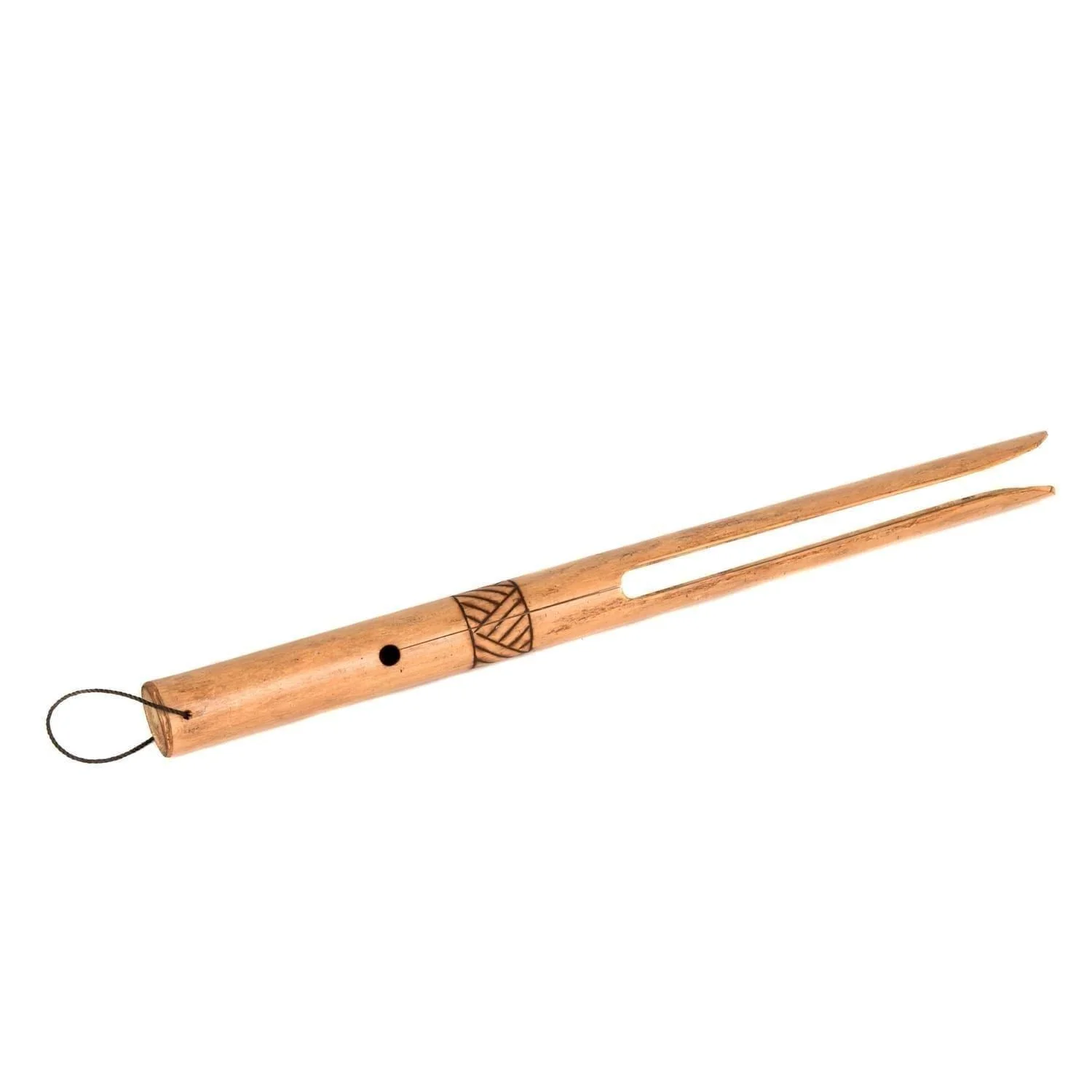 This is a product image of the Buzzer - Medium - 40cm, bamboo. It is made of a single piece of bamboo. A hole is visible in the neck before it splits into two fingers of wood at the end. There is a line pattern burned in halfway down the neck. The instrument is facing up and to the right.