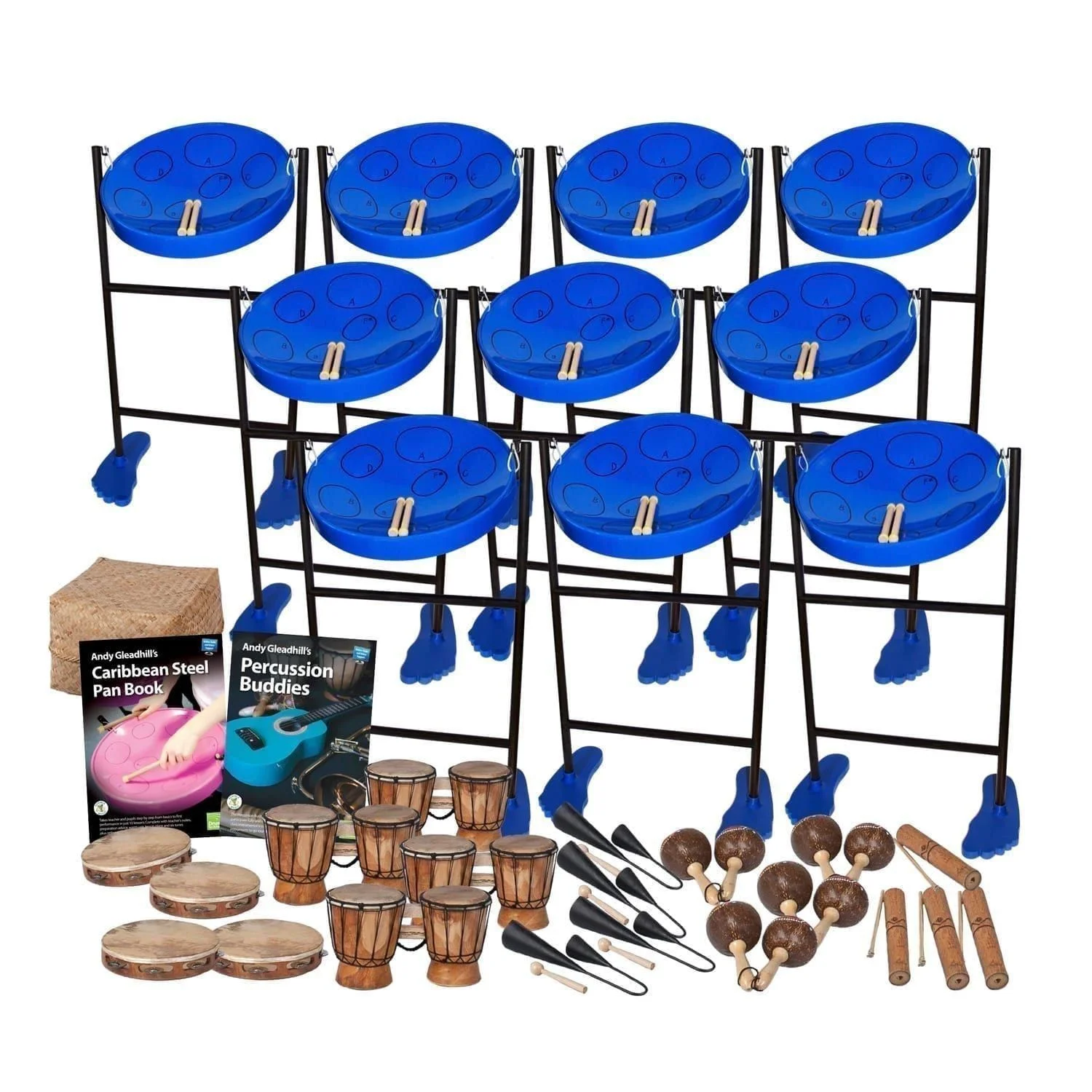 This is a product image of the Caribbean Steel Pan - 30 Player Jumbie Class Pack - Budget Buddies. The products are laid out and include the following; Back Three Rows - Ten Jumbie Jam Steel Pan - Floor Standing (Blue), Storage Basket. Fourth Row - Andy Gleadhill's Caribbean Steel Pan Book, Andy Gleadhill's Percussion Buddies Book. Bottom Row - Four Tambourine, four Bongos (African Bongos), four Agogo Bells - Medium, four Maraca - Coconut, pair, four Guiro - Small - bamboo. The Steel Pans each have a pair of beaters resting on them.