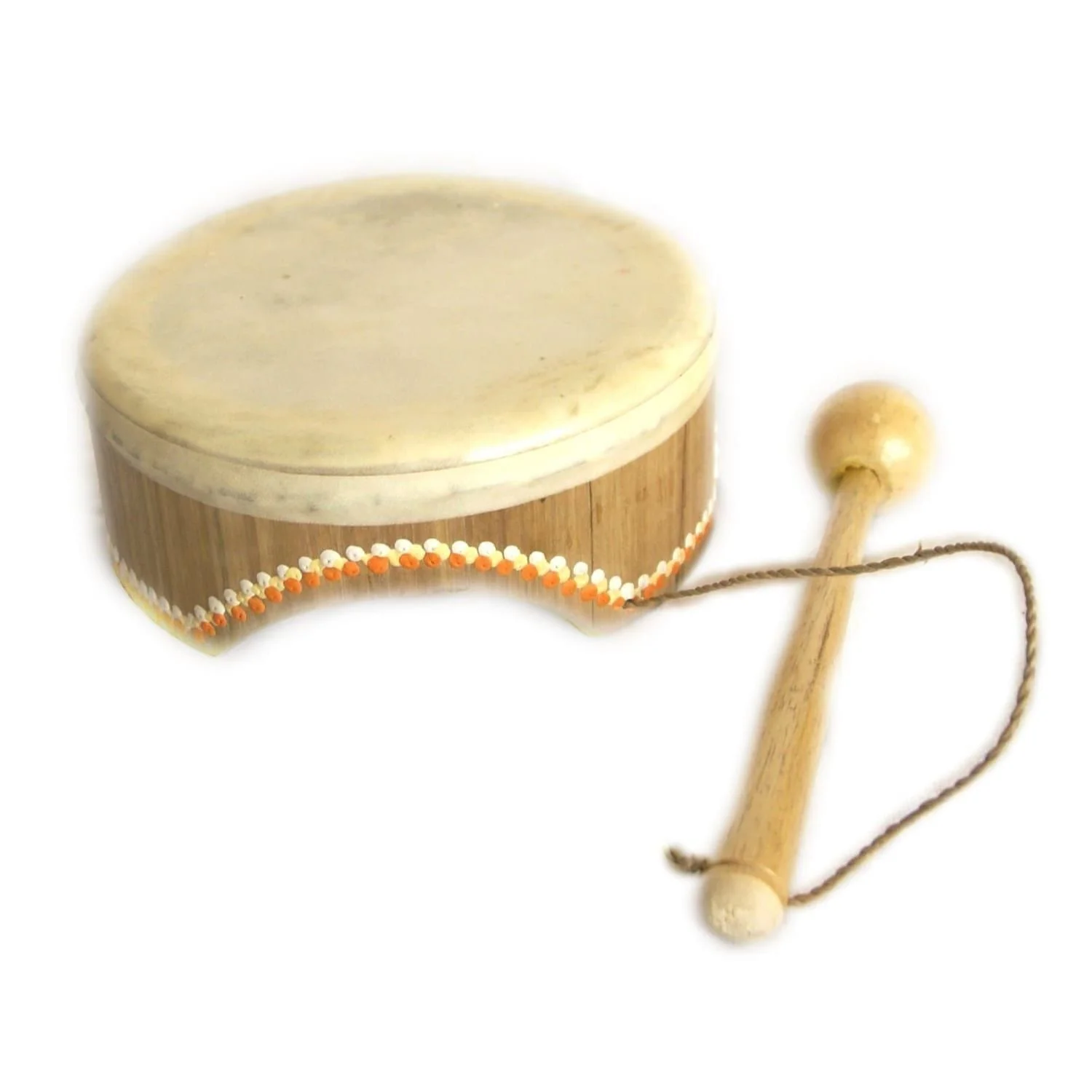 Baby Drum 4 inch, bamboo shell with goatskin head and wooden beater on cord