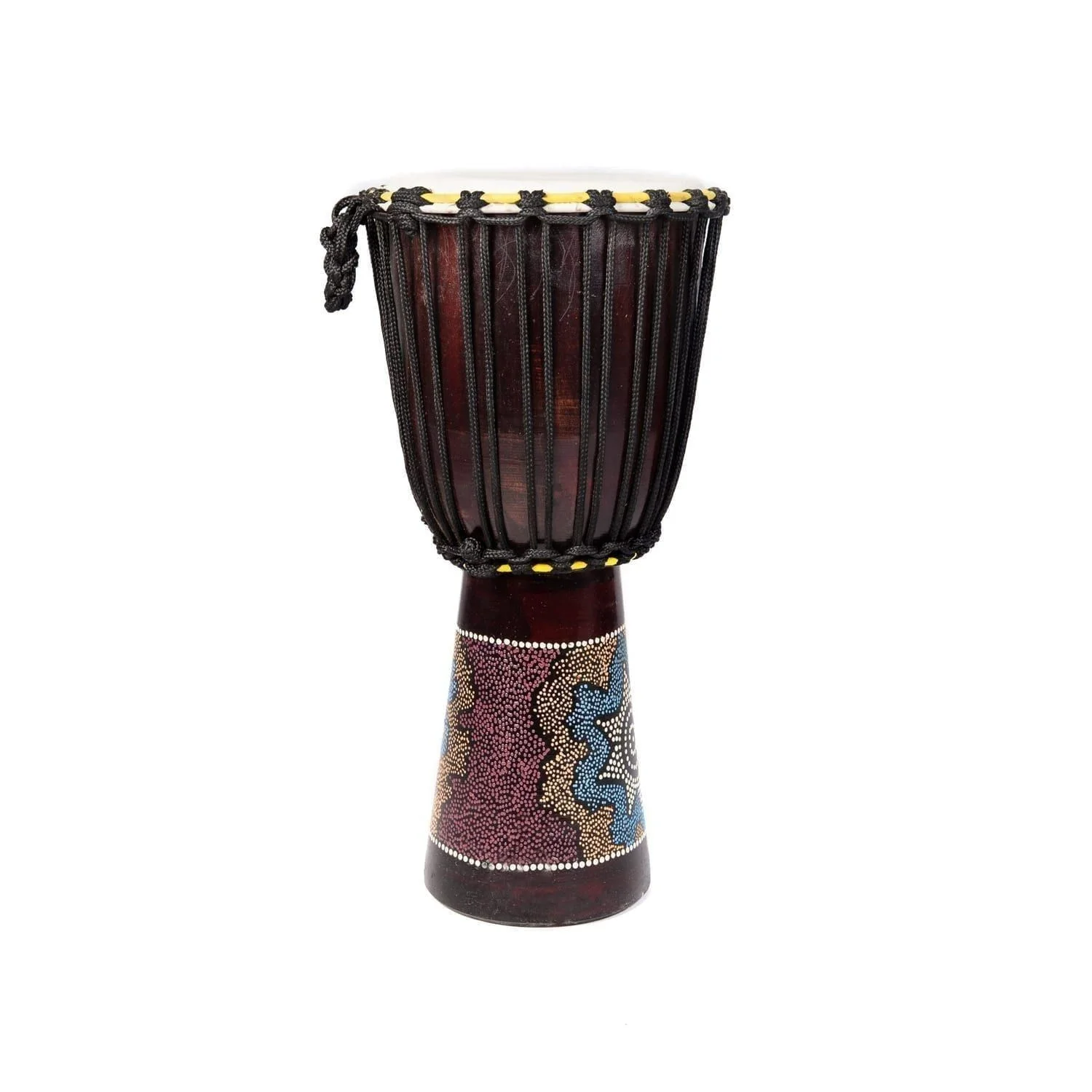 This 10-inch diameter, 60cm high Djembe drum features a painted wood body with decorative accents, rope tuning, and a natural skin drumhead.