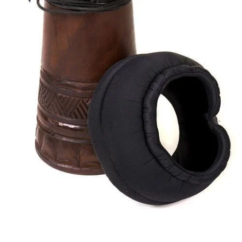 9 inch Djembe Foot Protector - elastic neoprene ring beside a carved djembe base, cushions knocks to the wooden foot