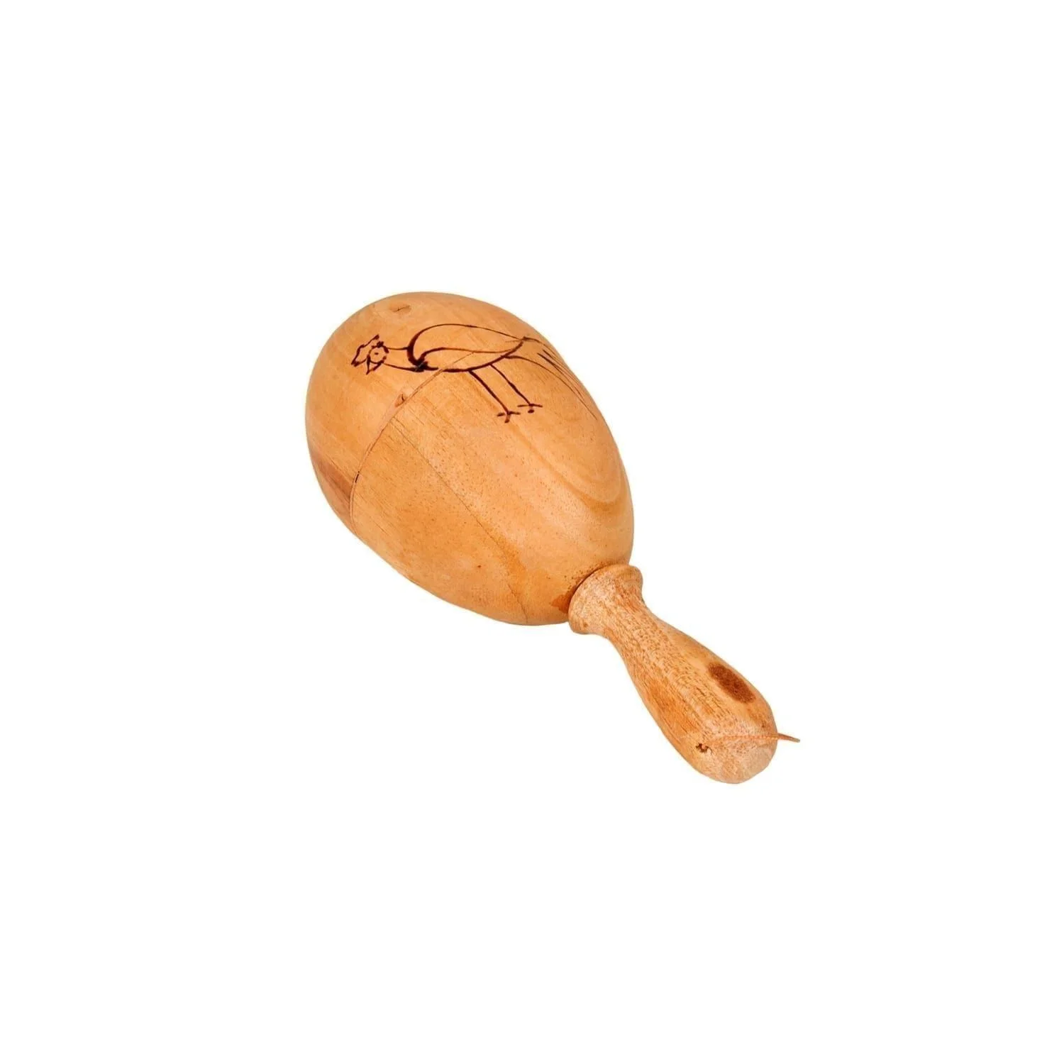 This is a product image of the Egg on Stick - Large - 9cm, Early Years. It is a wooden egg shaker on a wooden handle. There is a peacock design burned into the egg as decoration. The instrument is laying down and angled bottom right to top left.