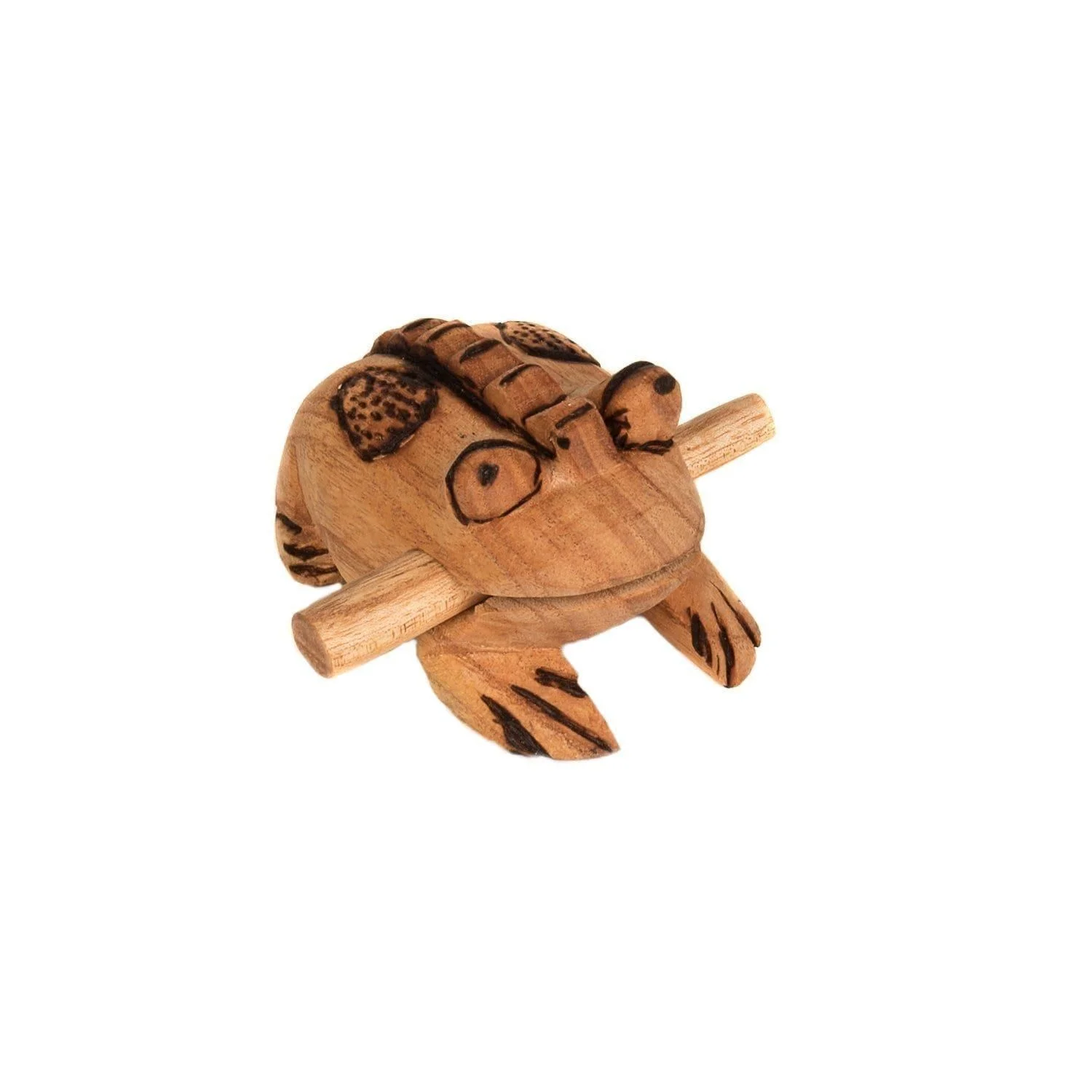 This is a product image of the Frog Scraper - Large - Early Years. It is a carved frog with a ridged back and has patterns and detail burned into the body. The stick is being held in the frog's mouth. The frog is angled to the right.