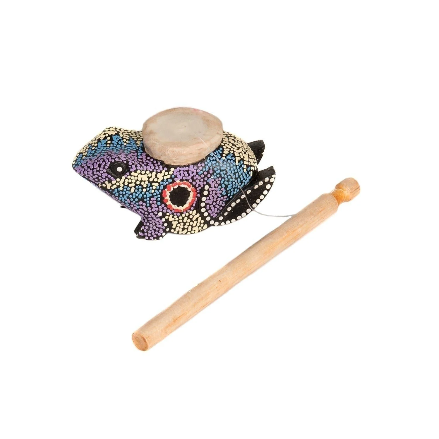 This is a product image of the Frog Twirler - painted. A wooden stick is attached to a wire that connects to a frog that has been painted with lots of colored dots, predominately purple. The frog is laid out above the stick.