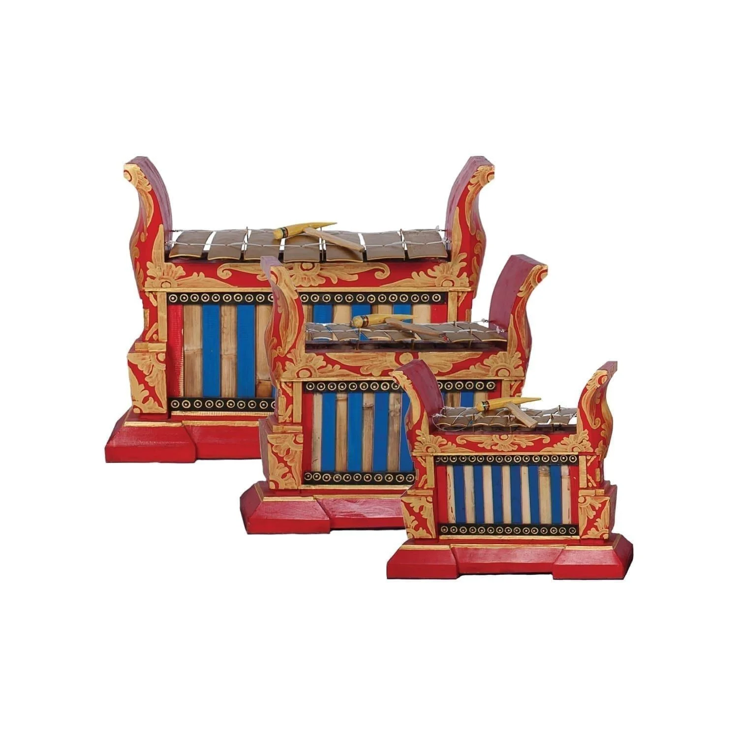 This is a product image of the Gamelan - Premium - 7 key - 3 Pack. The three instruments are red and blue with gold keys suspended from wire and each with a beater resting on the bars. The image is head on and from the rear to the front are the Gamelan - Premium - Large 7 key, Gamelan - Premium - Medium 7 key and Gamelan - Premium - Small 7 key.