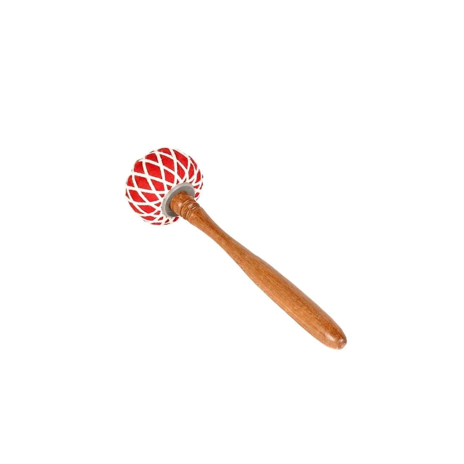 This is a product image of the Gong Beater (Pangul) for 30cm Gong. It has a wooden handle with a soft, red head that is tied in place with string work. The beater is laid flat and facing up and to the left.