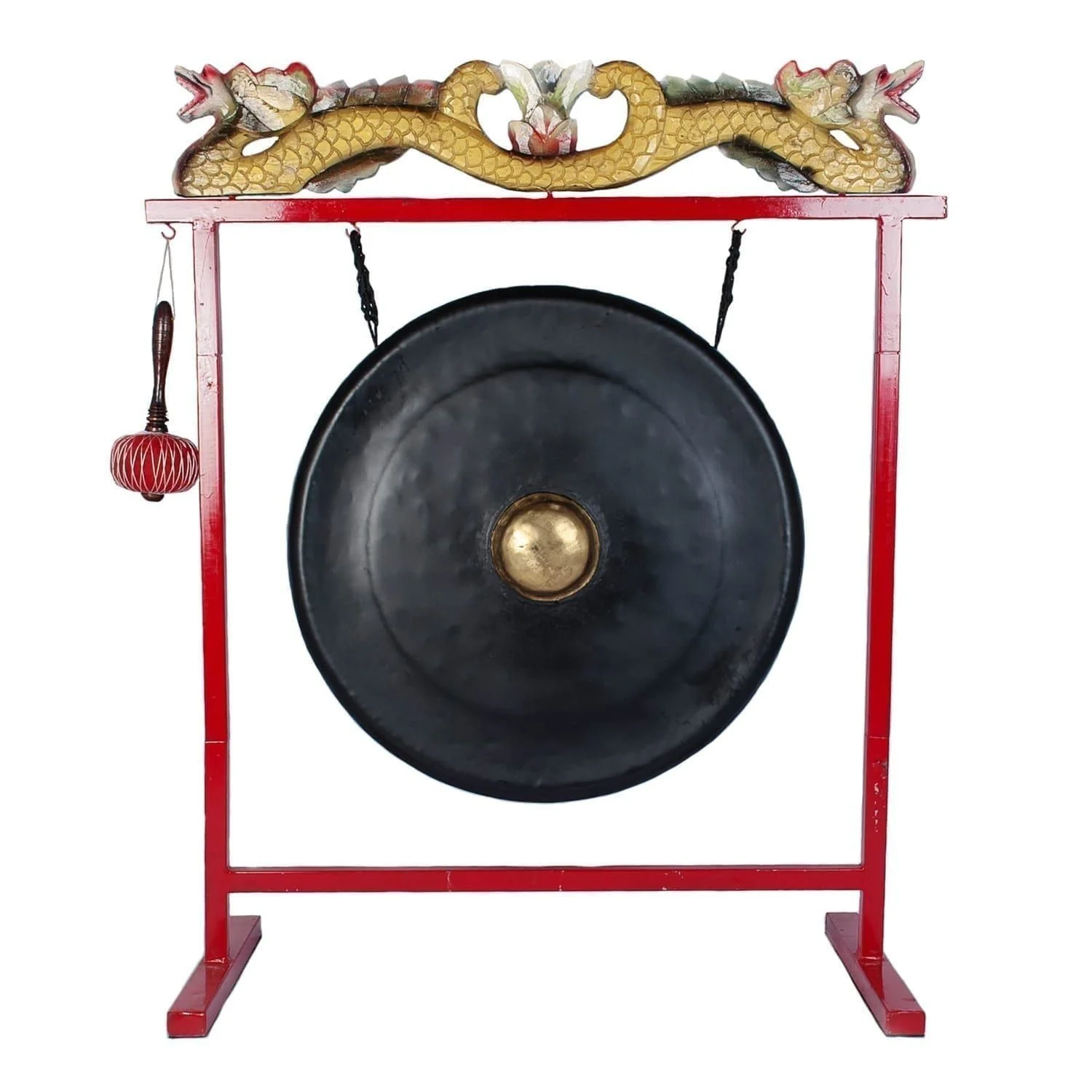 This is a product image of the Gong Set - 32in (80cm) diameter Gong with Stand and Beater. The frame is a sleek metal design, painted red with a two ornate wooden dragons in red white and gold, sitting on the crossbar. The Gong is matt black with a gold boss and is hanging evenly from two hooks. The beater is attached to a hook on the left hand side of the stand. The image has been taken from a head on position.