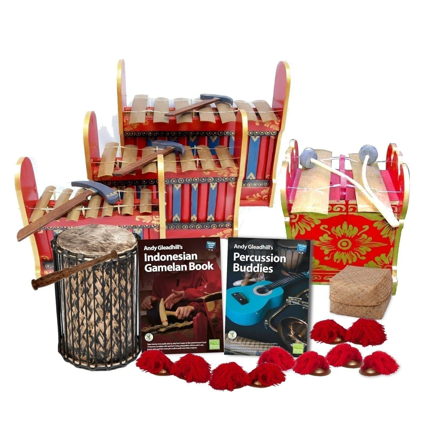 This is a product image of the Indonesian Gamelan - 10 Player Starter Pack. The products are laid out and include the following; Back Row - One Gamelan - Budget - Large 7 key. Second Row - One Gamelan - Budget - Medium 7 key. Third Row - One Gamelan - Budget - Small 7 key, one Pulu - Budget. Fourth Row - One Teenyweeny Kenkeni - 8in diameter, 30cm high, bamboo, Andy Gleadhill's Indonesian Gamelan Book, Andy Gleadhill's Percussion Buddies Book, Storage Basket. Front Row - Five Ceng Ceng - 14cm, pair. Each instrument that requires a beater has one resting on top of them.