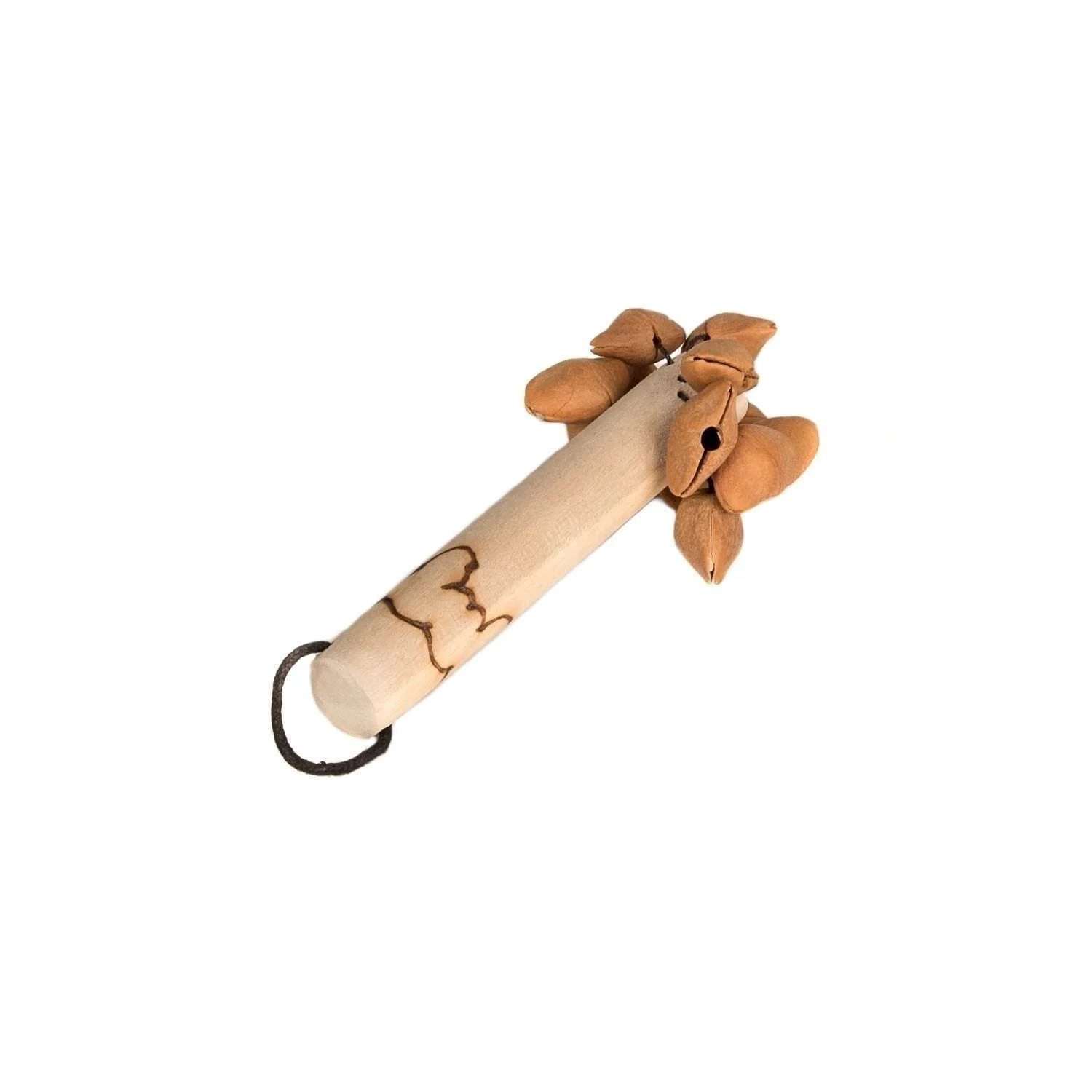 This is a product image of the Kenari Shaker - Early Years. IT is a wooden handle with some Kenari shells attached at the top. There is a design burnt into the handle for decoration. The instrument is pointing from the bottom left to the top right.