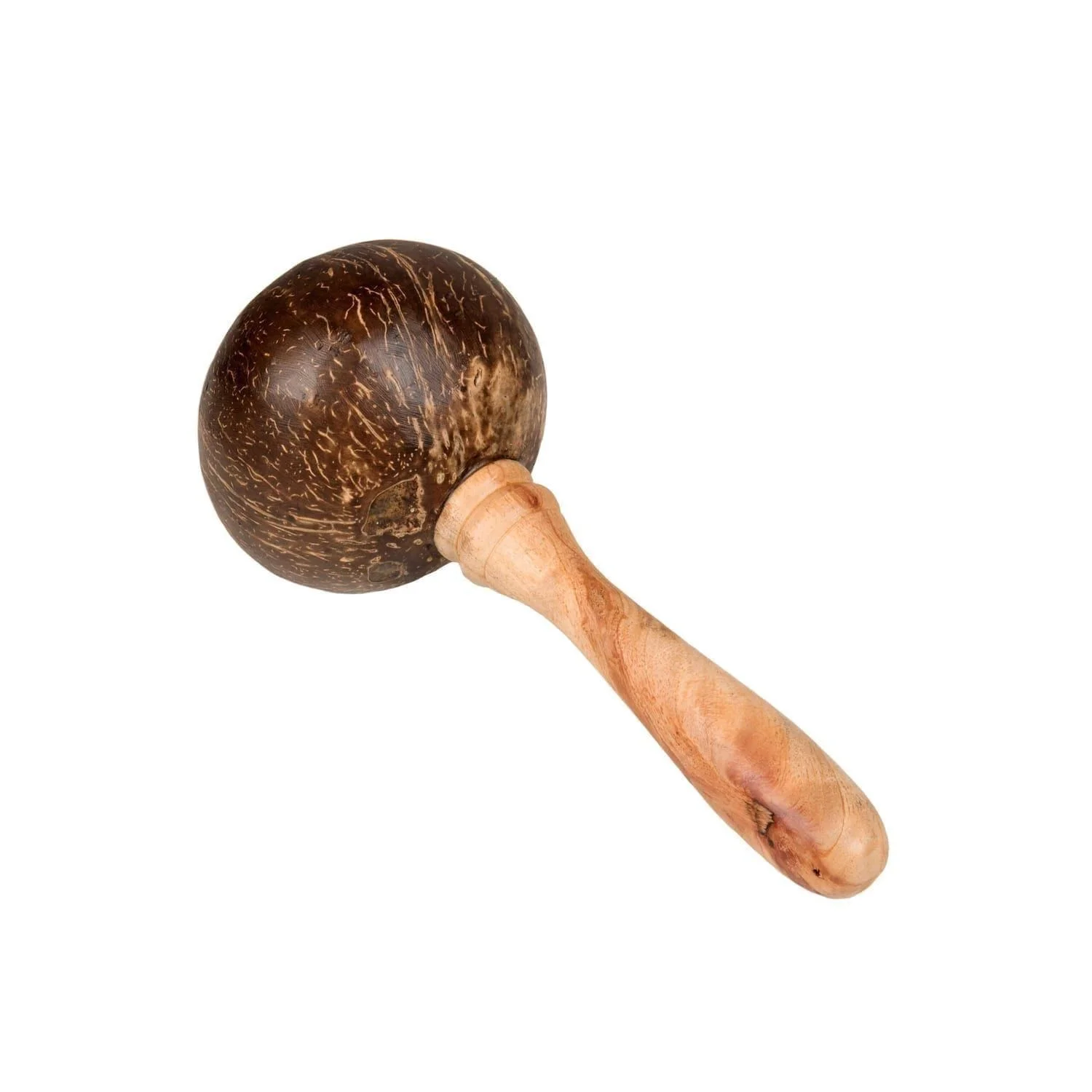 Coconut Maraca with natural coconut shell head and smooth turned wooden handle in a natural finish.