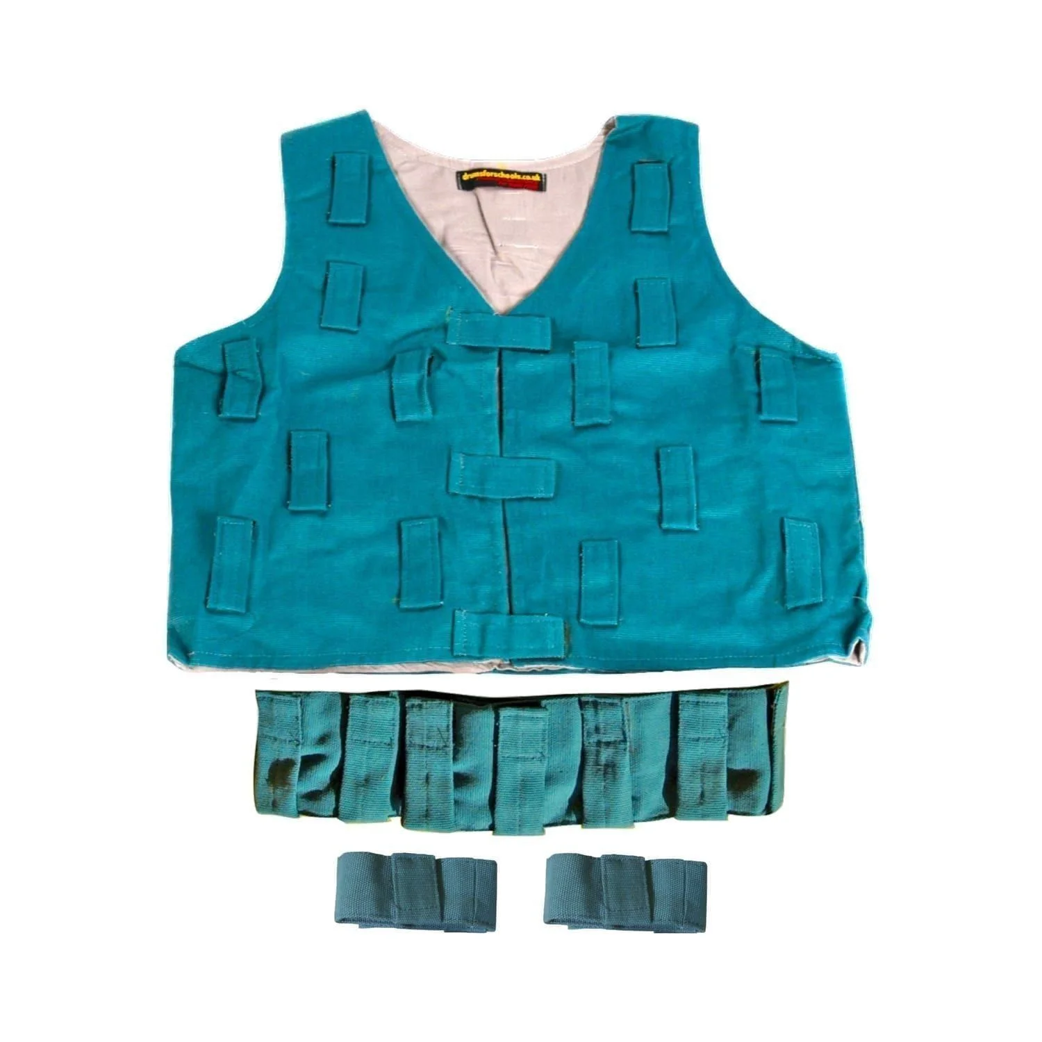 This is a product image of the Musical Clothing Kit - Medium. All of the clothes are blue in colour and have various loops and Velcro tags to attach shakers and other instruments. The kit is laid out with the tunic at the top, the belt below and two bracelets below.