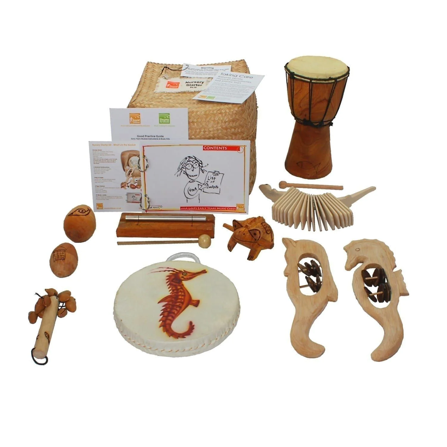 Nursery Starter Kit - 10 Instruments, laid out flat outside of the basket.