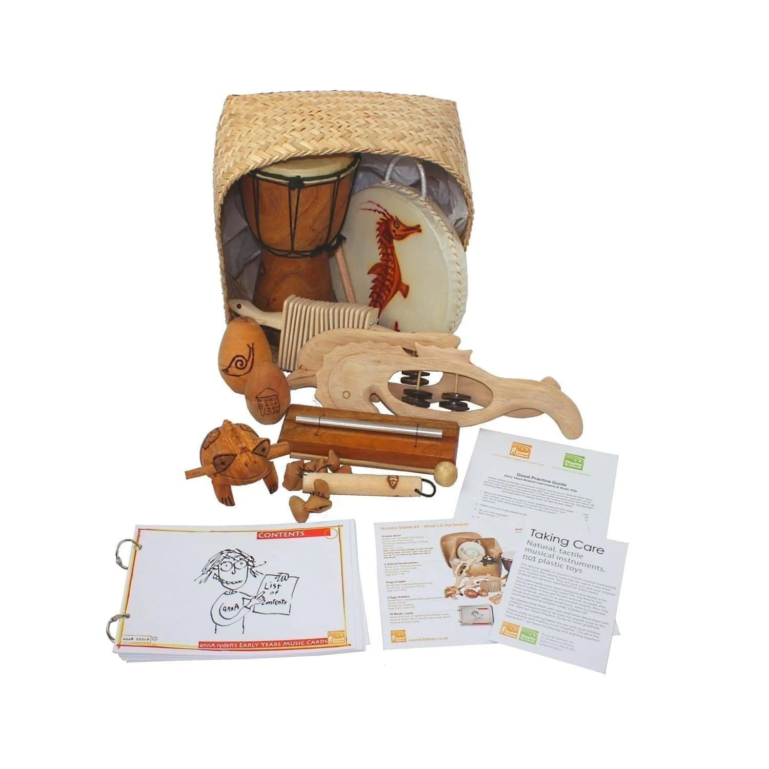 This is a product image of the Nursery Starter Kit - 10 Instruments. The products are presented inside and around the Storage Basket with the documentation in front.