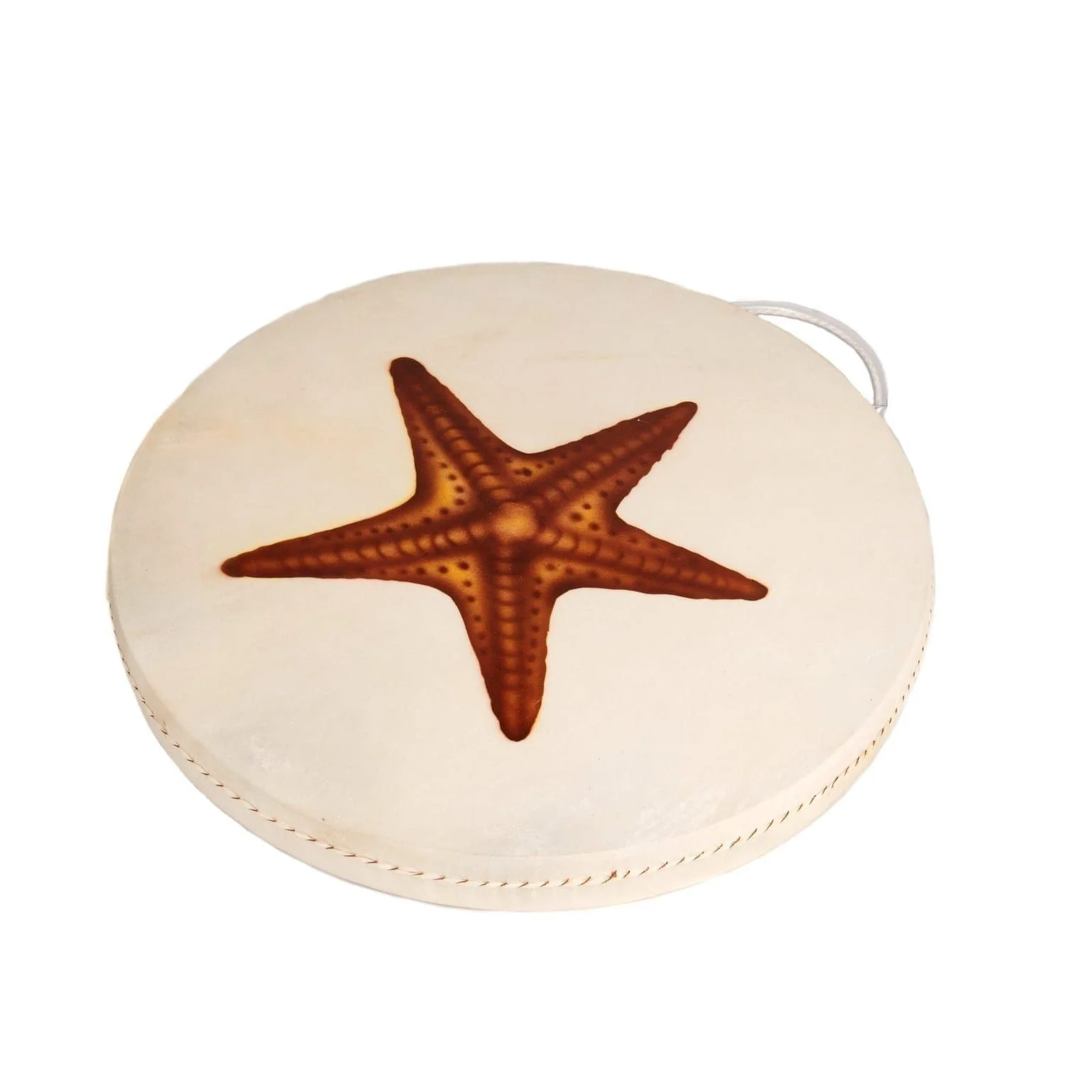 Painted Ocean Drum 16 inch with starfish motif on natural skin, round frame drum with side cord