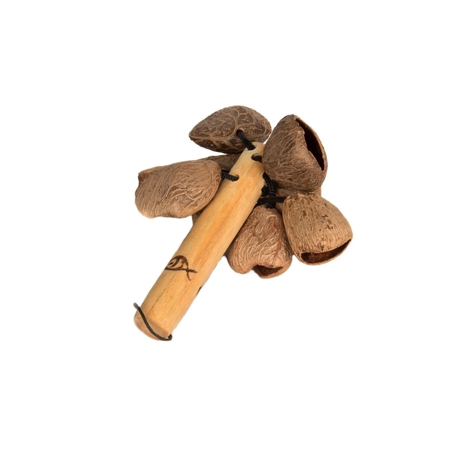 This is a product image of the Pangi Shaker - Early Years. It has a wooden handle with a fish image burnt into it for decoration. Attached to the top are Pangi shells.