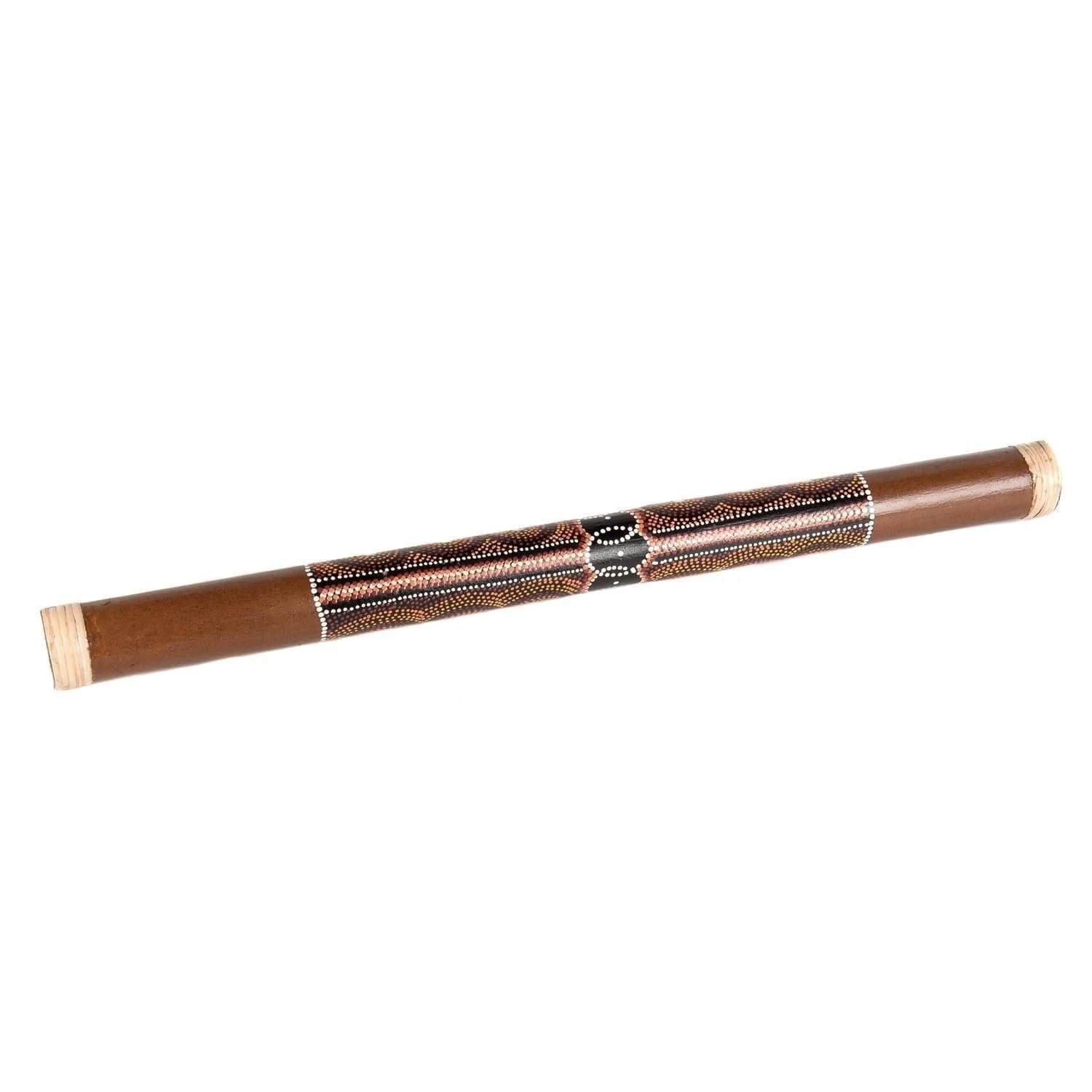 This is a product image of the Rainstick - 80cm, bamboo, painted. It is a wooden tube that has been decorated in the middle third by paint dots, closely placed together to make a consistent pattern. The instrument is laying flat and angled from bottom left to top right.