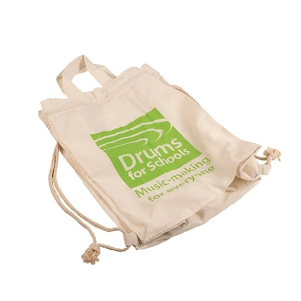 This is a product image of a Rucksack - Drums for Schools. It has straps and handles and the green DfS logo printed large taking up most of one side of the rucksack.