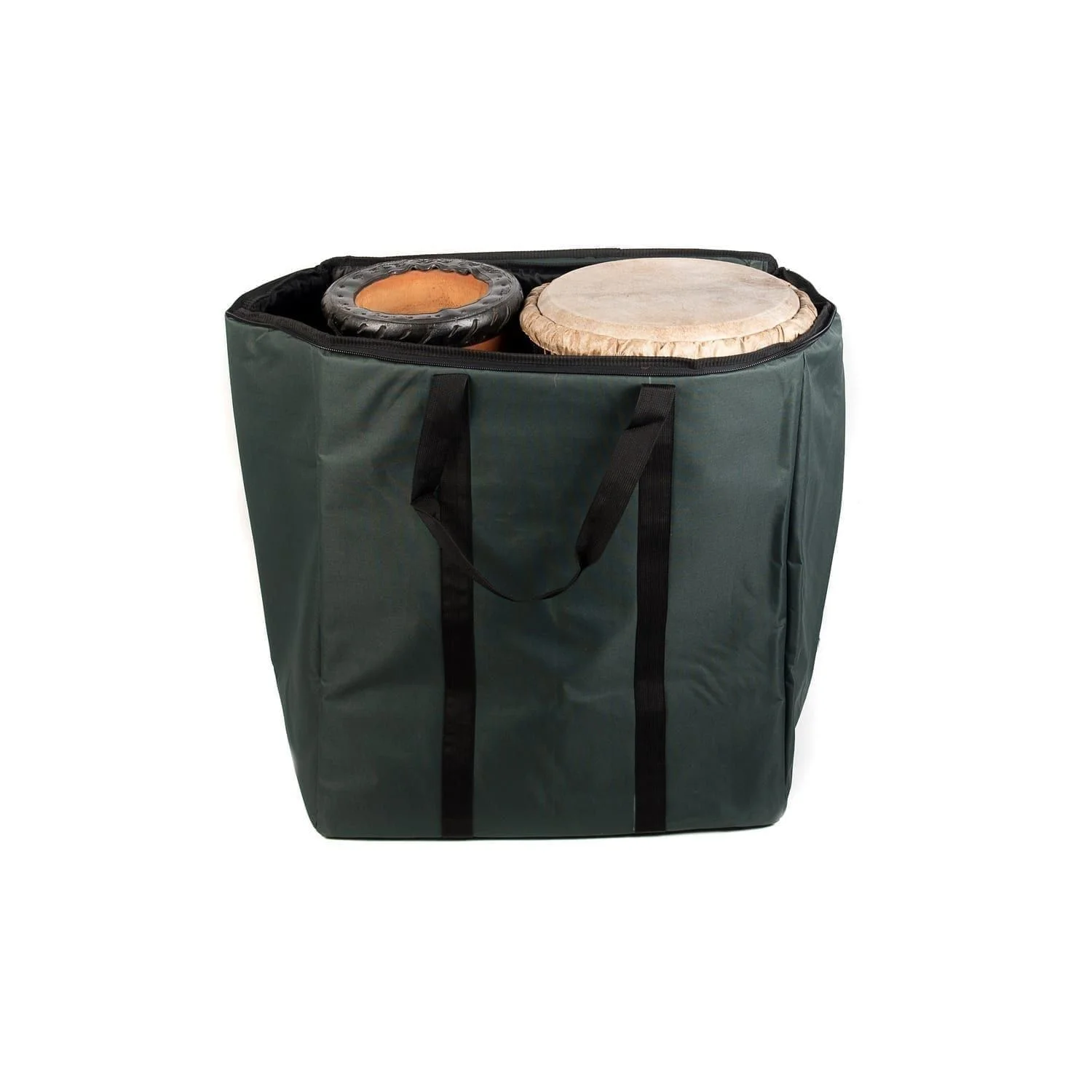 This is a product image of the Storage Carry Bag for 2 x 65cm Djembe Drums. The bag is upright and open, showing the contents as two Djembes, placed into the bag with one upright and one inverted.