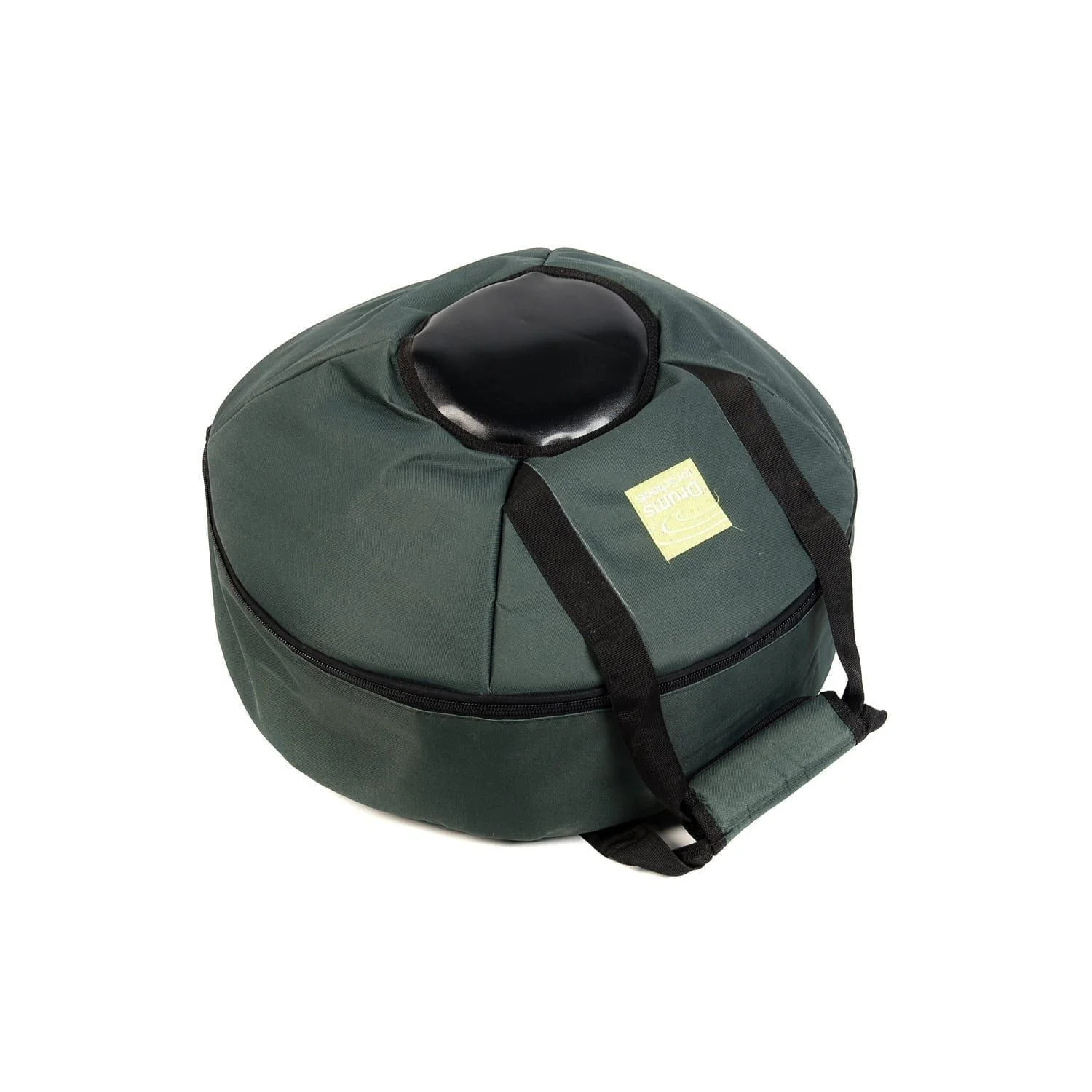 This is a product image of the Storage Carry Bag for 3 Gongs - 30/50/80cm diameter. It is laid flat and appears to contain the Gongs within the zipped up case. It is green with a black protective section to better protect the boss of the Gongs.
