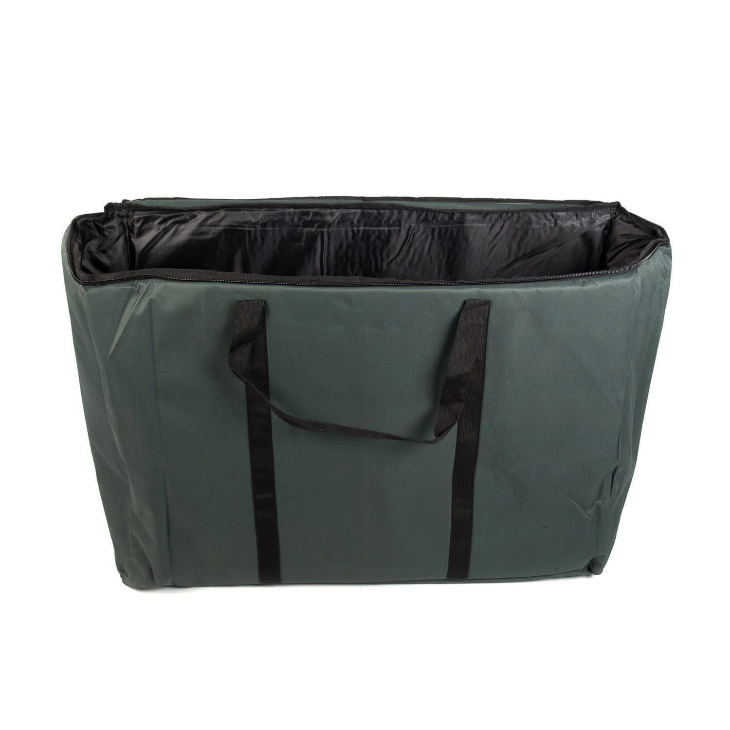 This open green canvas Djembe drum bag is designed to carry 3 x 60cm drums, showcasing its spacious interior and reinforced handles for easy transport.