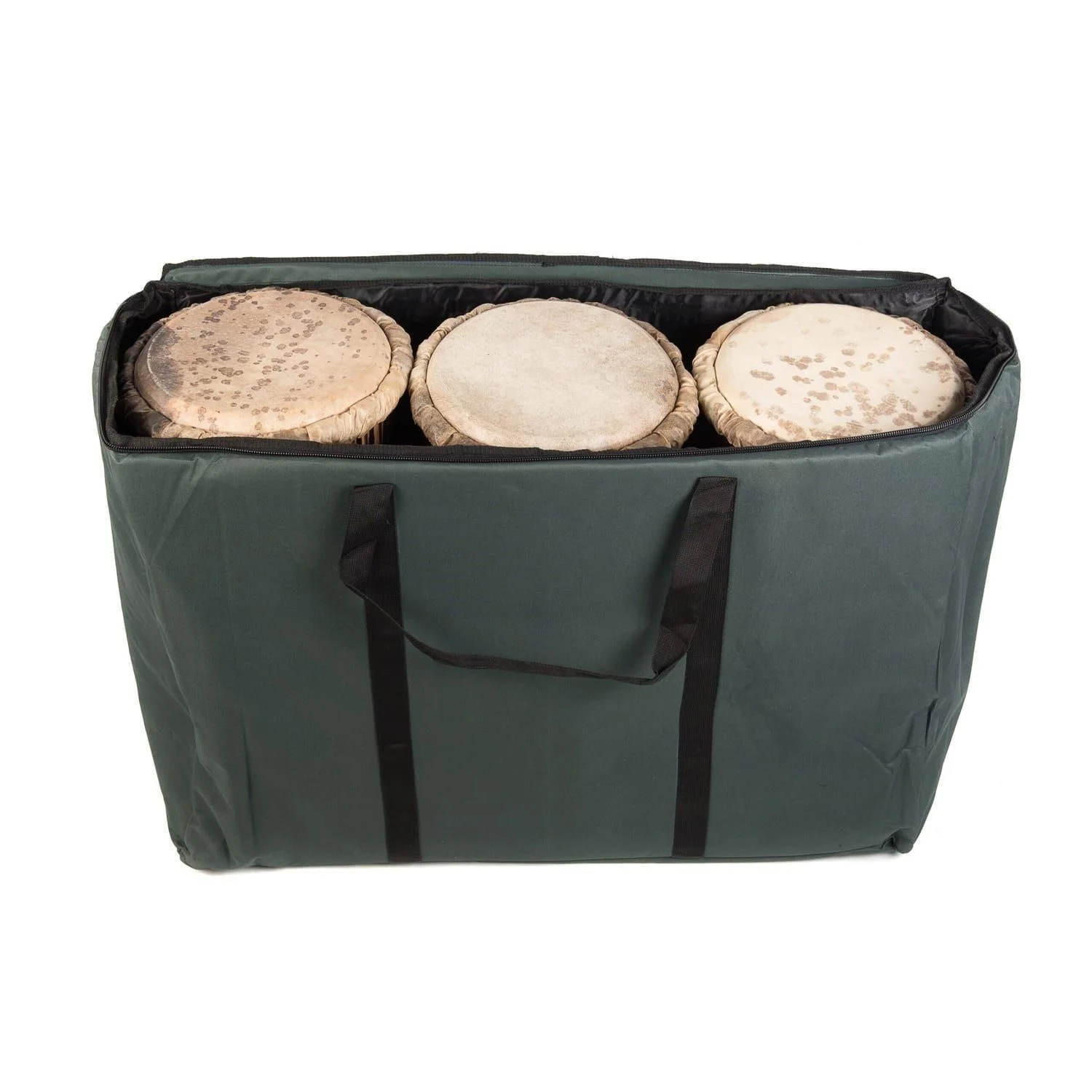 This is a product image of the Storage Carry Bag for 3 x 60cm Djembe Drums. The bag is upright and open, showing the contents as three djembe, snuggly fitting together inside the bag. The handle strap is hanging down towards the front.