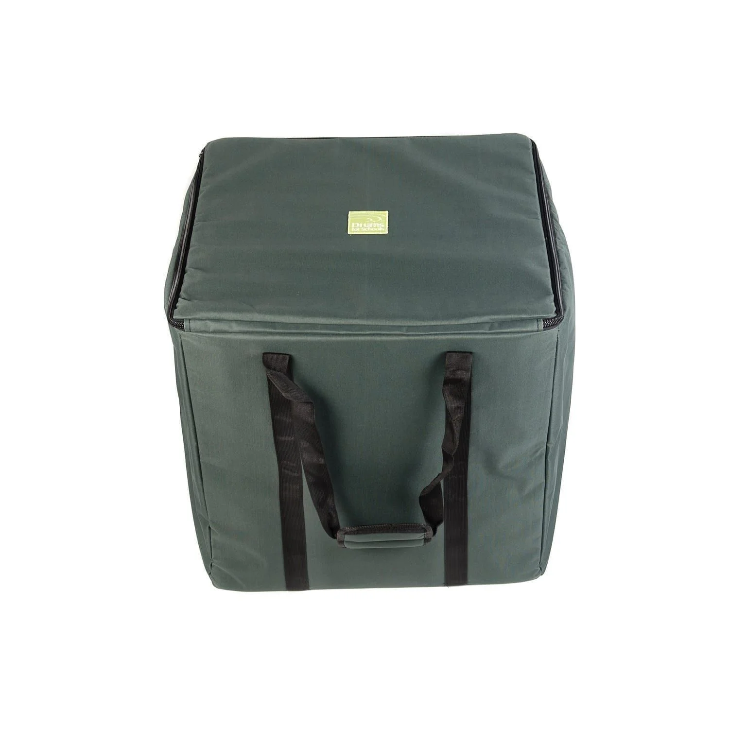 The bag is closed. This durable green canvas carry bag is designed for storing and transporting up to 5 x 50cm Djembe drums, keeping them protected and organized.