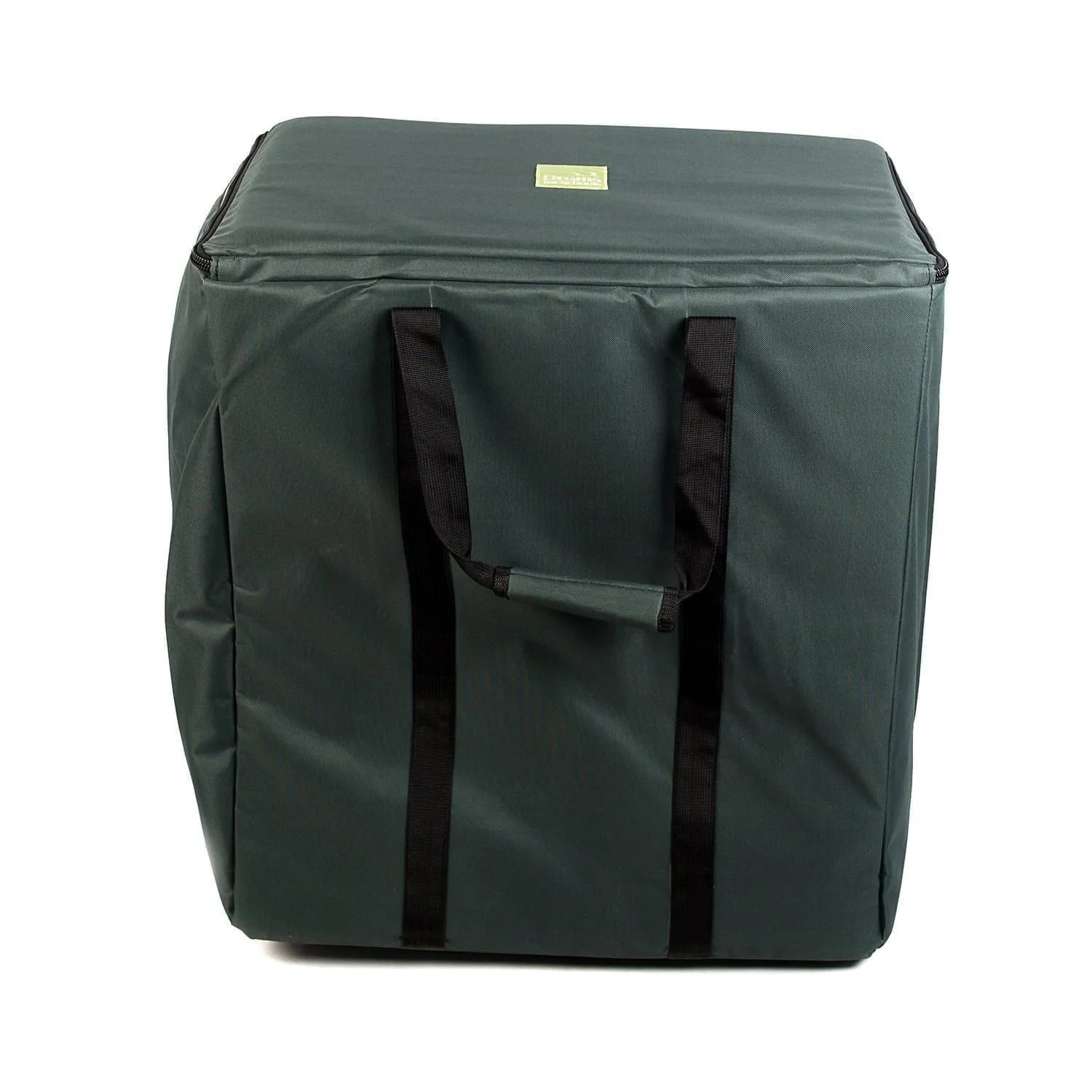 This is a product image of the Storage Carry Bag for 5 x 50cm Djembe Drums. It is almost square in shape with two strap handles hanging down and a zipped top section.