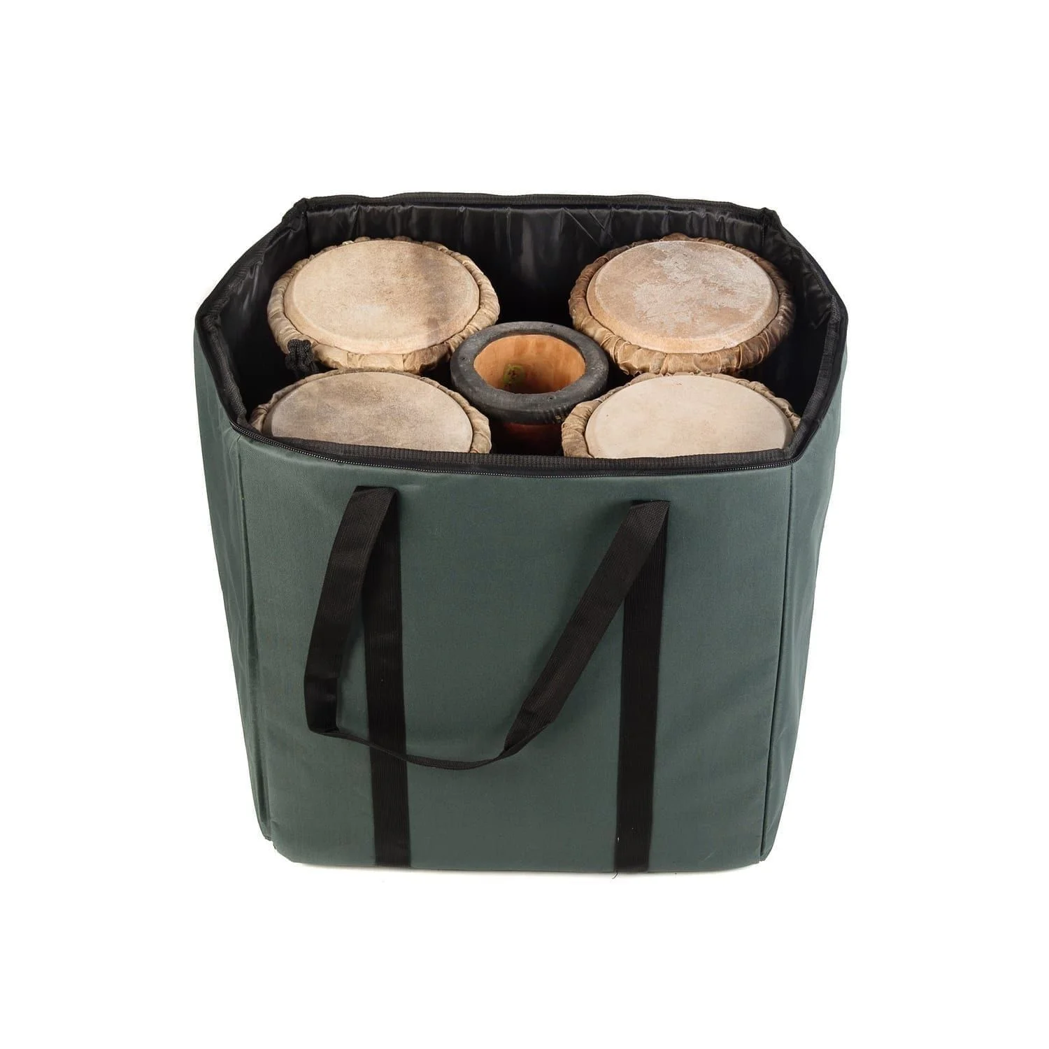 This sturdy green canvas carry bag is designed to safely store and transport 5 x 50cm Djembe drums. It features reinforced handles for easy carrying.